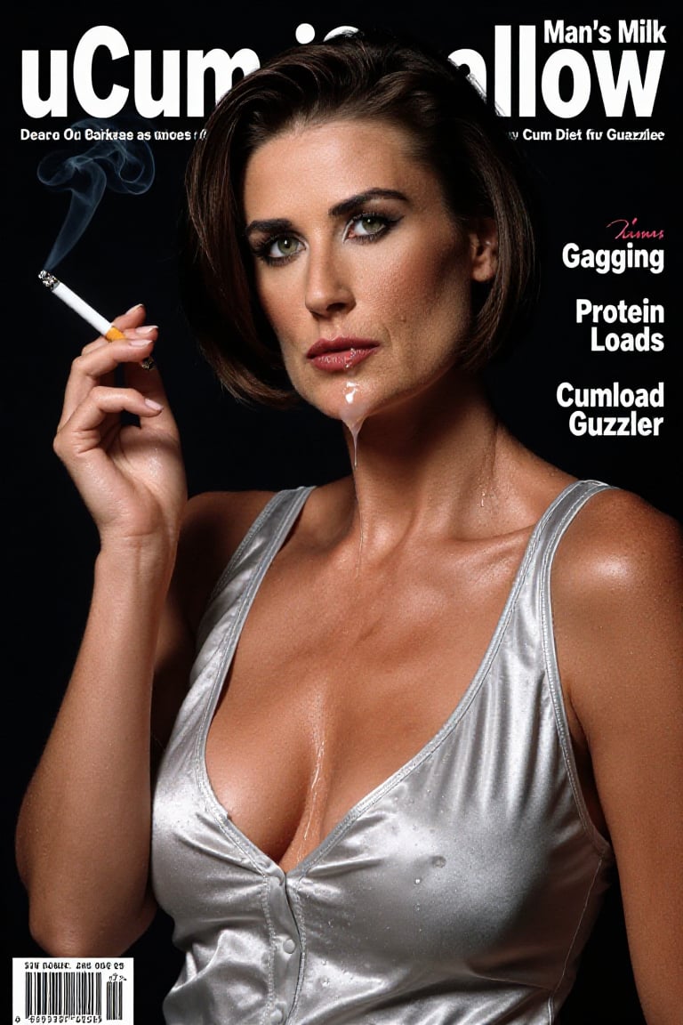 Create a magazine front cover that shows a GREENISH eyed,  short haired ,  brunette woman in a silver satin revealing tank...