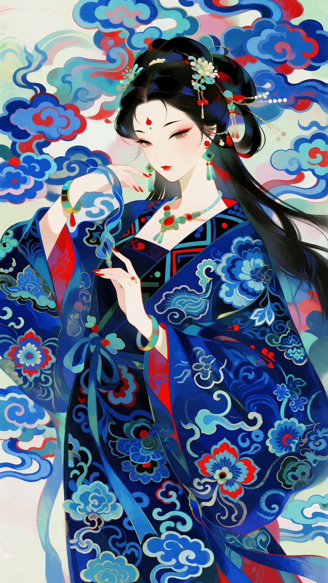 this is a digital illustration of an elegant asian woman in traditional japanese attire,  she has fair skin,  black hair s...