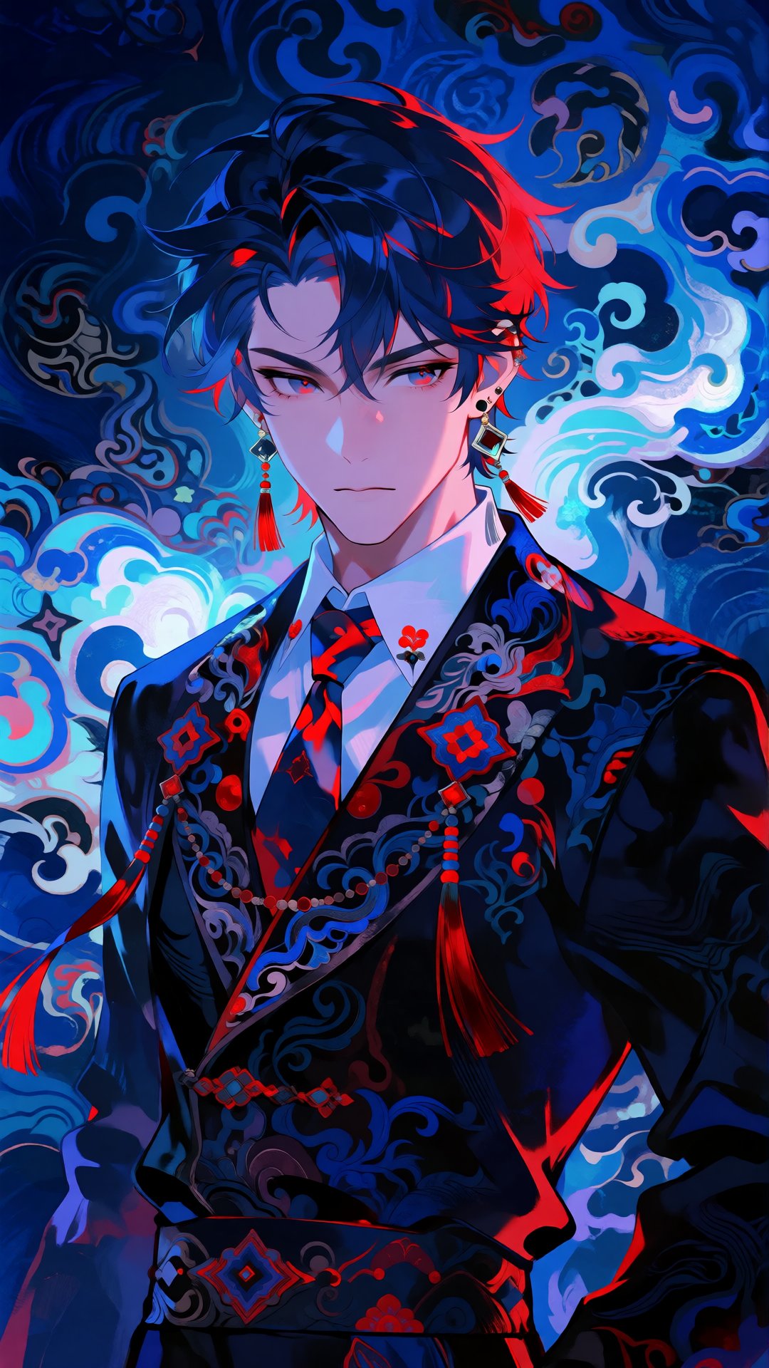 this is a digital illustration in an anime style,  depicting a young man with a serious expression,  he has short by Drago...