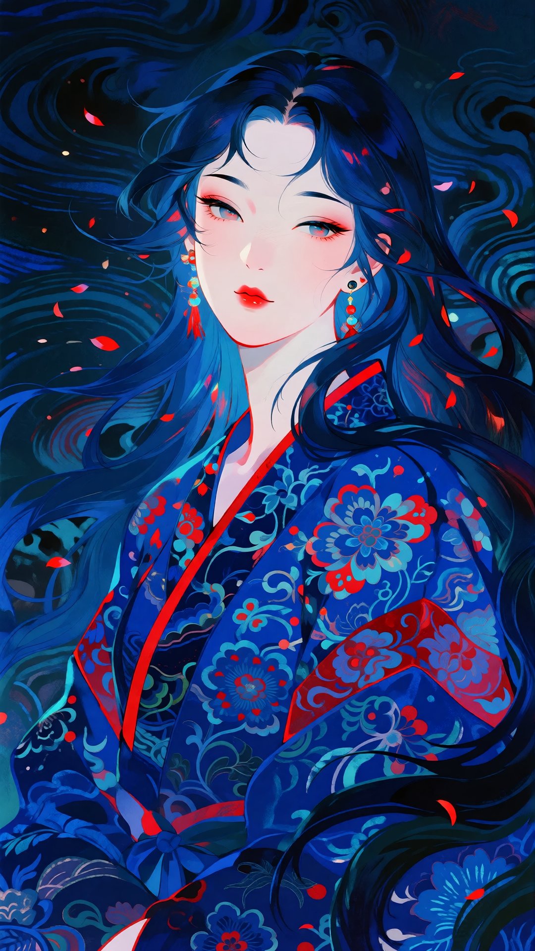 this is a digital painting of a beautiful,  ethereal woman with long,  flowing blue hair and pale skin by Dragon God on Te...