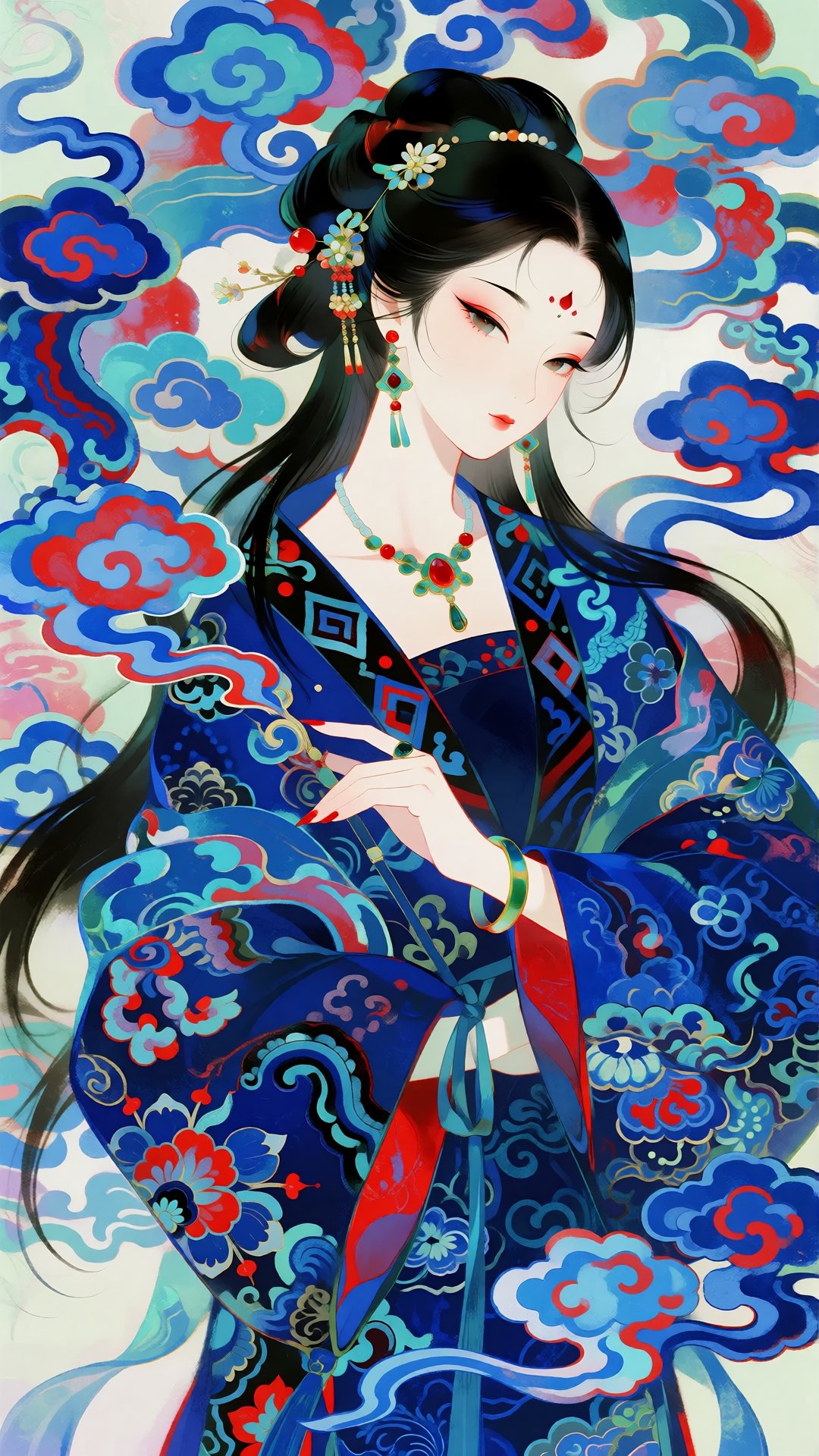 this is a digital illustration of an elegant asian woman in traditional japanese attire,  she has fair skin,  black hair s...
