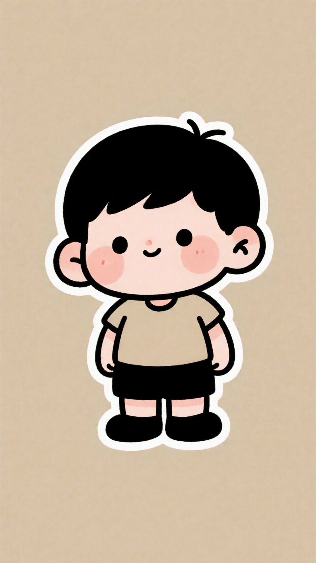 a simple digital drawing depicts a round-faced black-haired child with rosy cheeks,  a neutral expression,  the character...