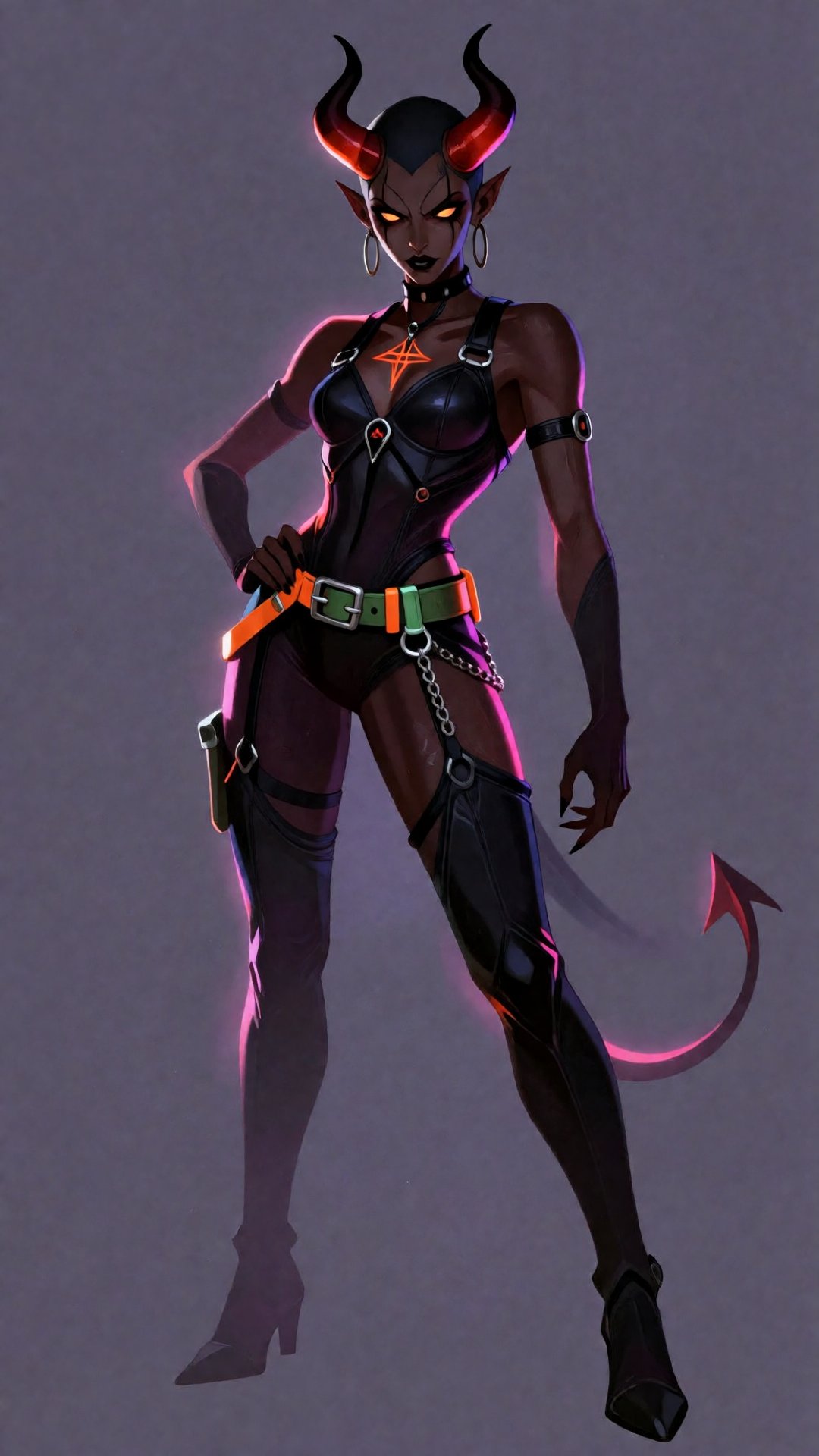 digital drawing of a dark-skinned,  demonic female character with glowing orange eyes,  red horns by Dragon God on Tensor.Art