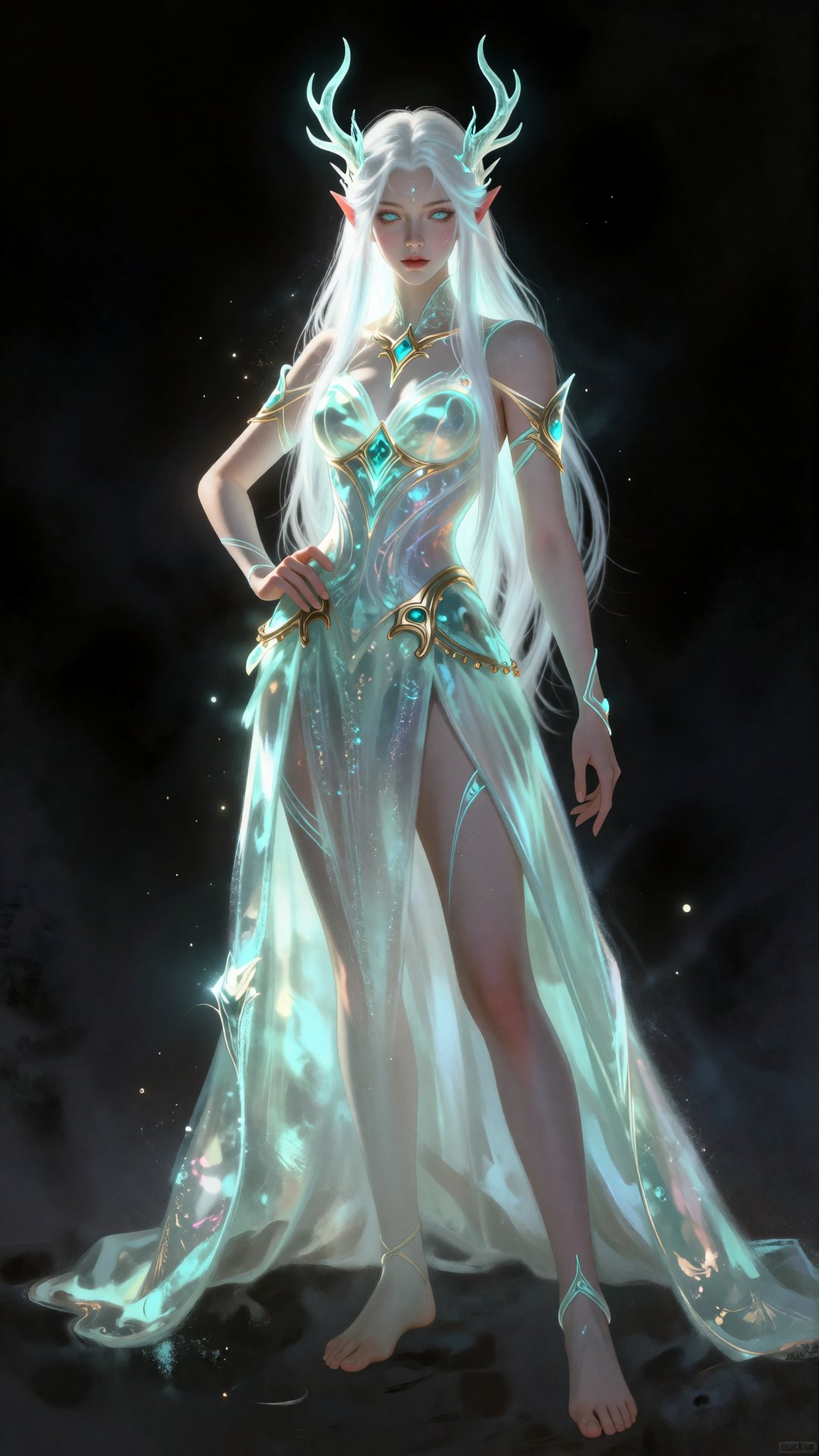 digital fantasy artwork of an ethereal,  fair-skinned female elf with long,  flowing white hair and glowing turquoise eyes...