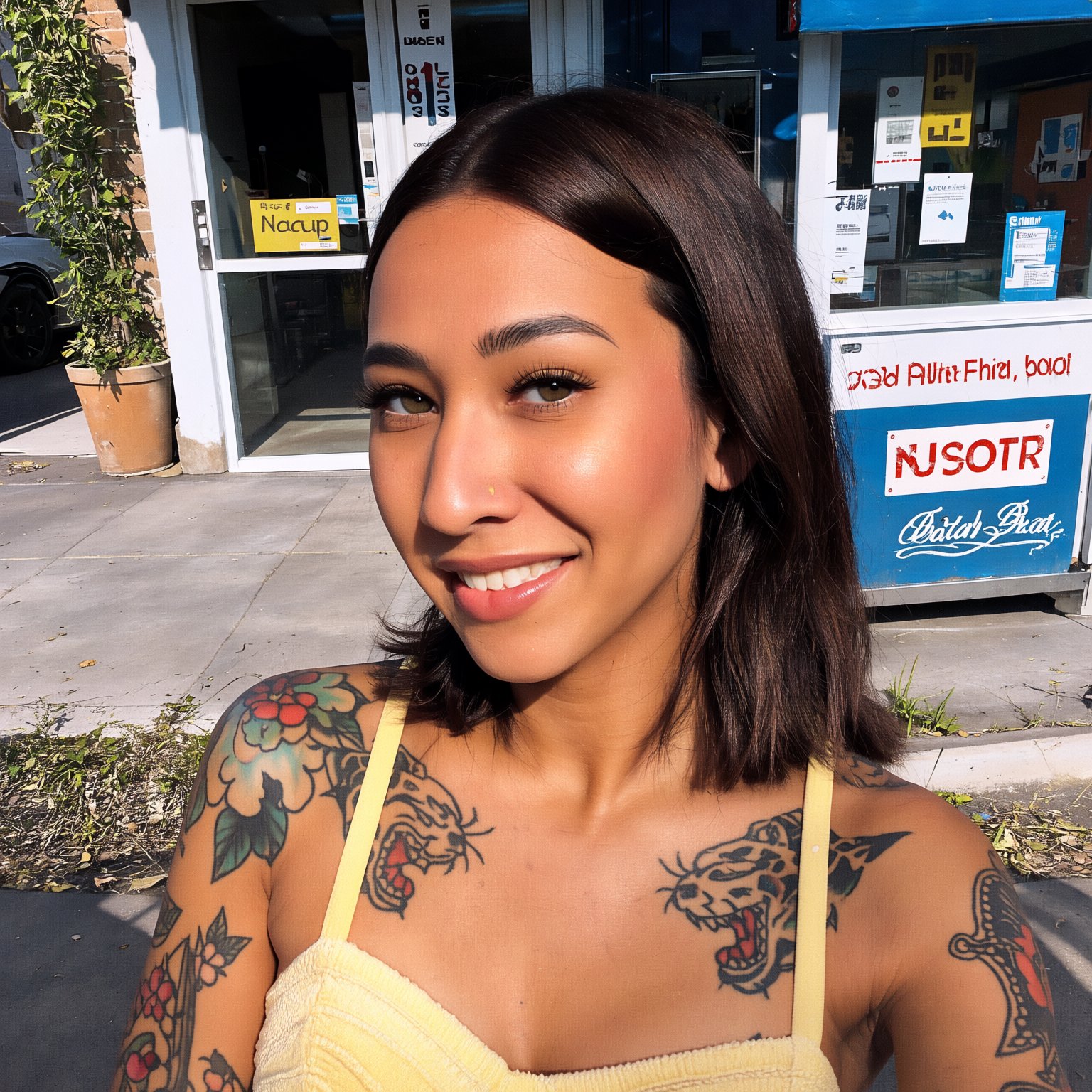 a candid amateur smartphone photograph of a gorgeous young Blasian woman with tattoos and very sun-kissed deep bronze tann...