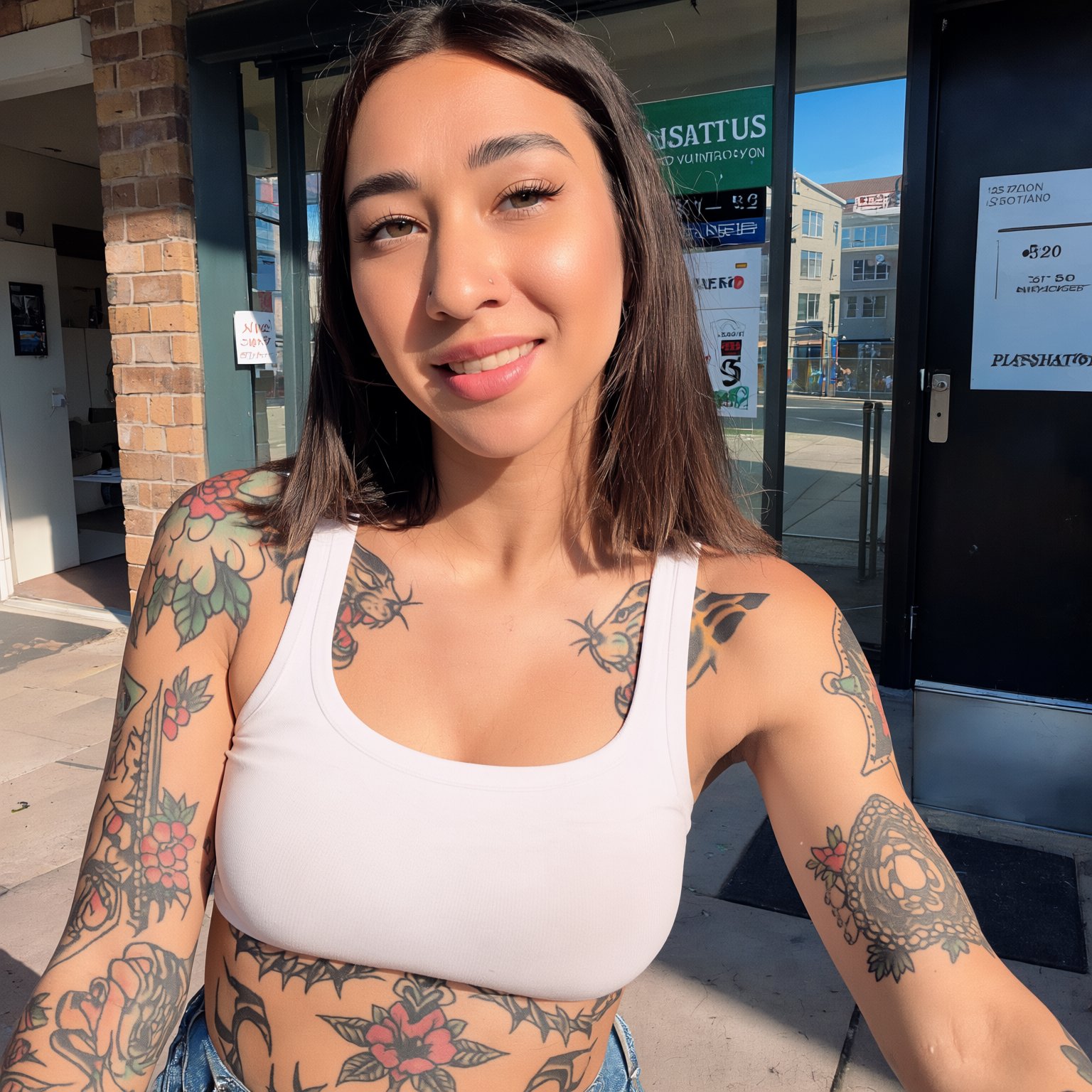 a candid amateur smartphone photograph of a gorgeous young Blasian woman with tattoos and very sun-kissed deep bronze tann...