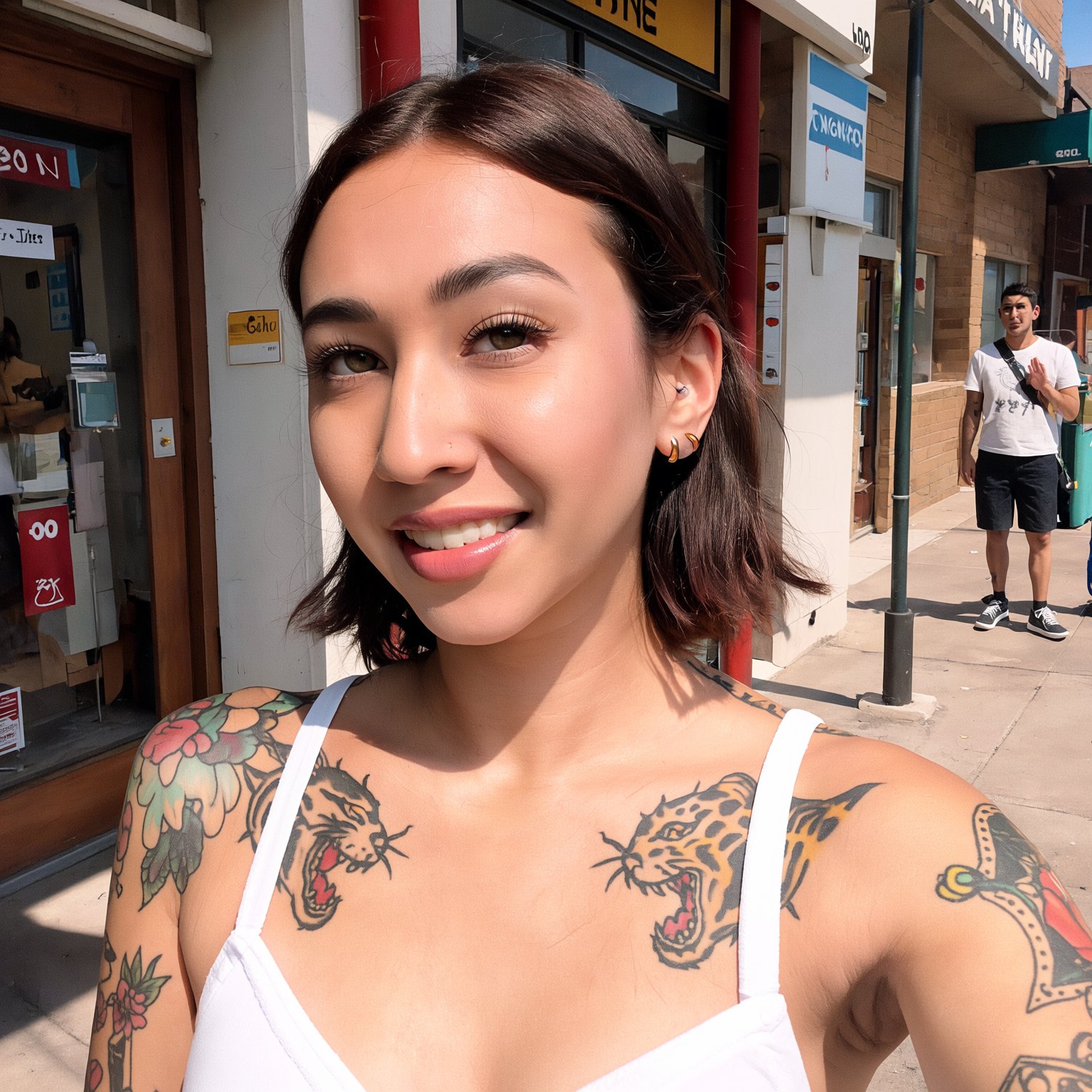 a candid amateur smartphone photograph of a gorgeous young Blasian woman with tattoos and very sun-kissed deep bronze tann...