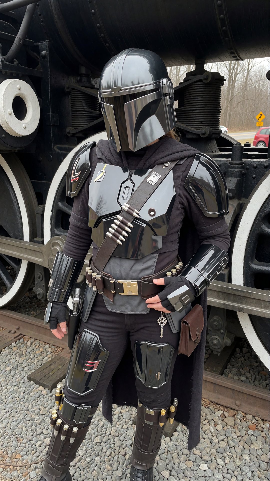 An amateur photo of a woman wearing a full glossy black Mandalorian-style cosplay armor set,  standing in front of the mas...