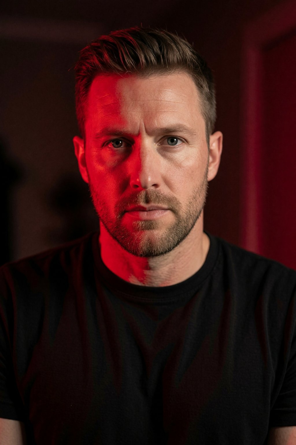 A close-up portrait of a rugged man with short brown hair and a full beard,  wearing a black t-shirt. Subject: A man with...