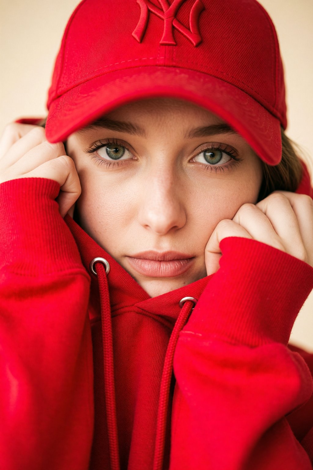 A close-up portrait of a young woman with striking green eyes looking directly at the camera. Subject: A fair-skinned youn...