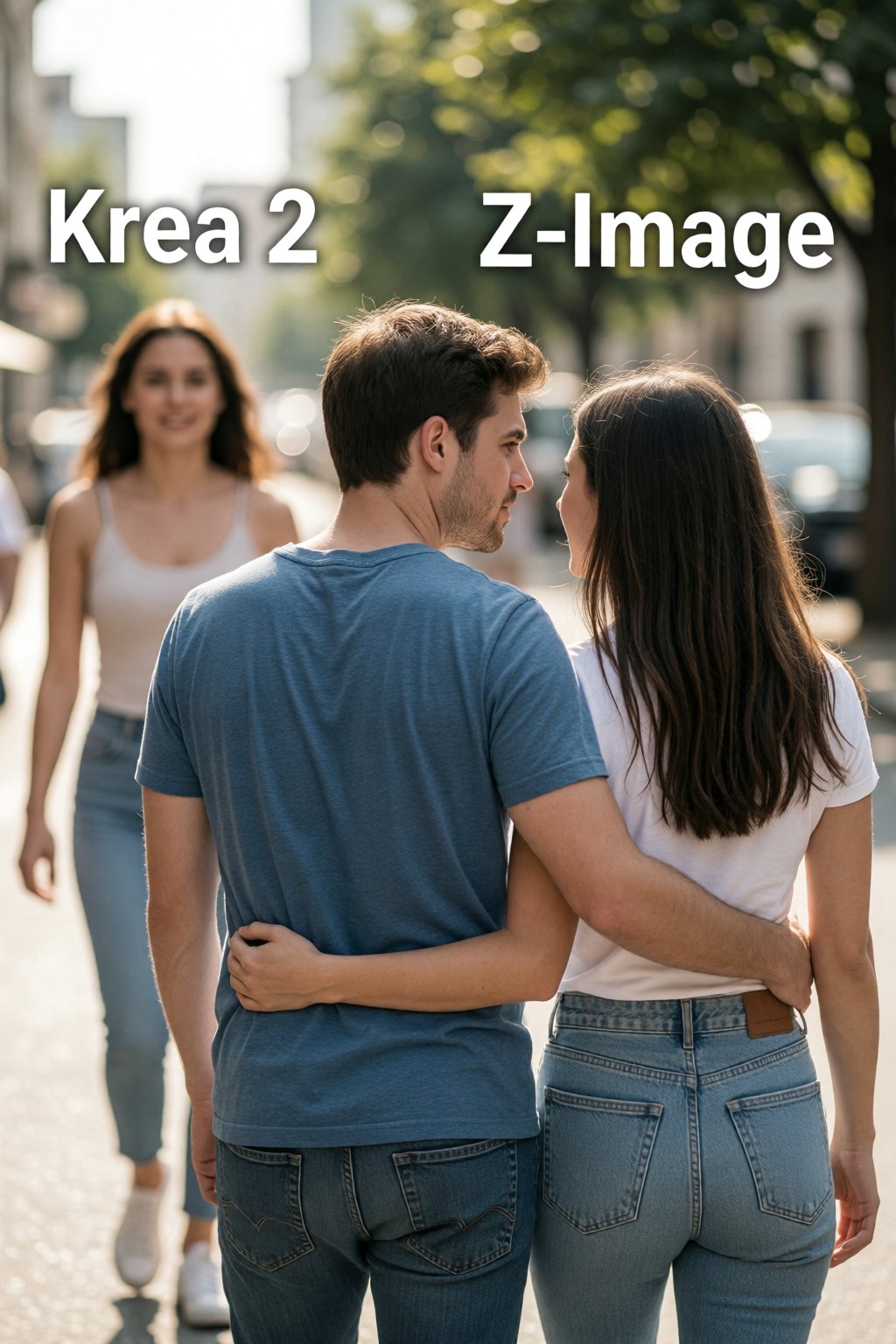 Create a meme: A realistic photo of a couple,  embracing each other,  walking down the street and seen from behind by Macr...