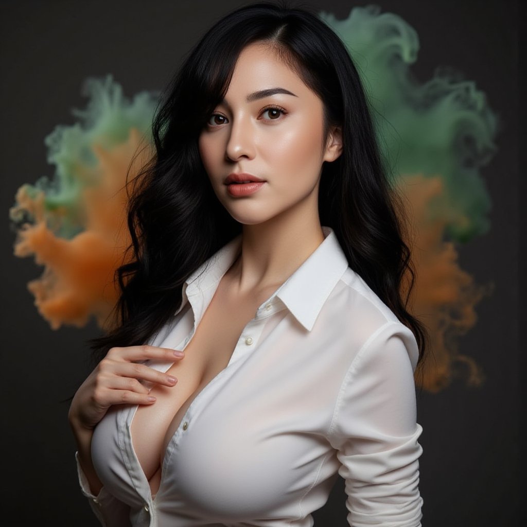 This image is an evocative,  high-definition picture of a breathtaking beautiful model captured in a low-light background....