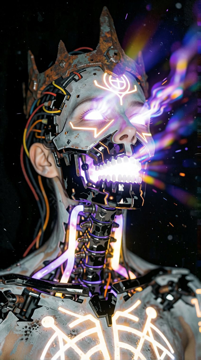 Raw smartphone candid photograph,  high ISO noise and film grain. cyber_g1rl,  a female cyber-cult priestess with her face...