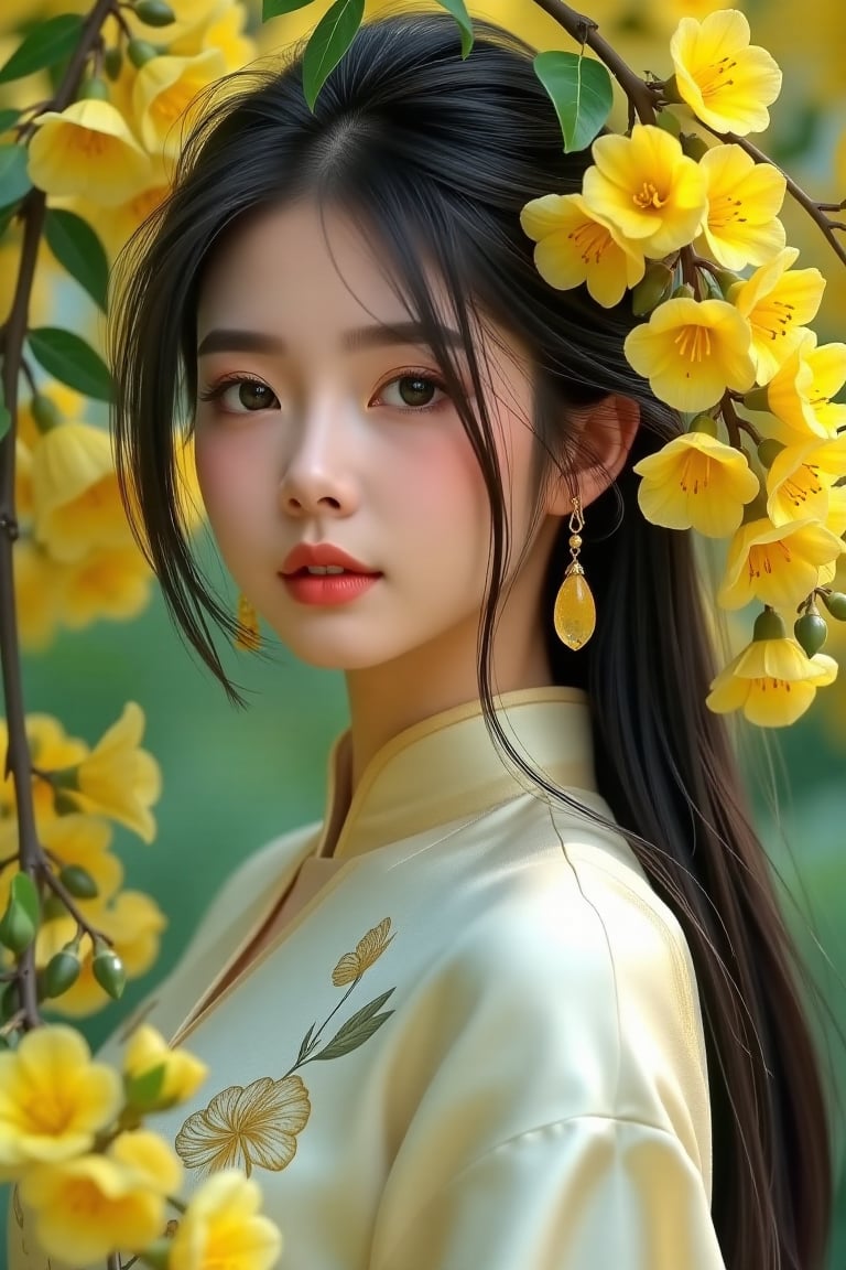 A young East Asian woman with delicate,  porcelain-like skin and large,  luminous sea-green eyes gazes softly toward the v...