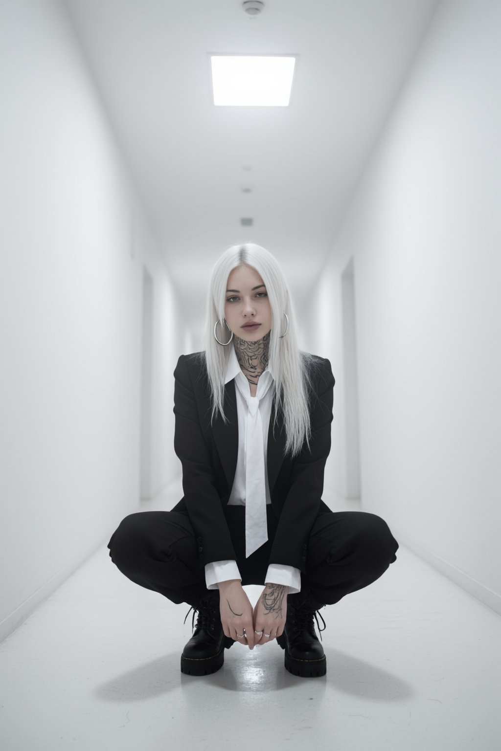 低角度正面全身人像,  纯白极简狭长走廊空间,  哑光白色墙面与地面 by RAY3780 on Tensor.Art
