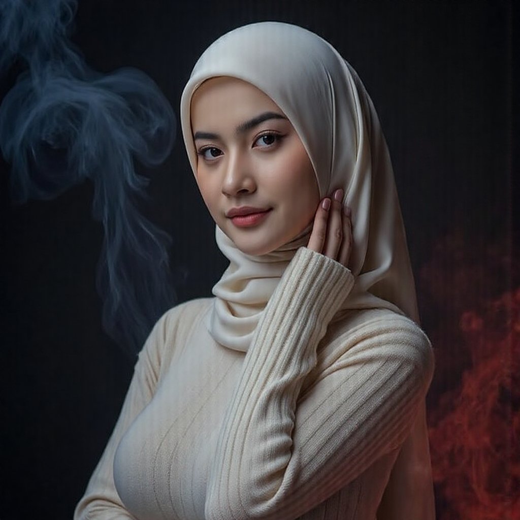 This image is an evocative,  seductive,  high-definition picture of a breathtakingly gorgeous model wearing hijab by jusTo...