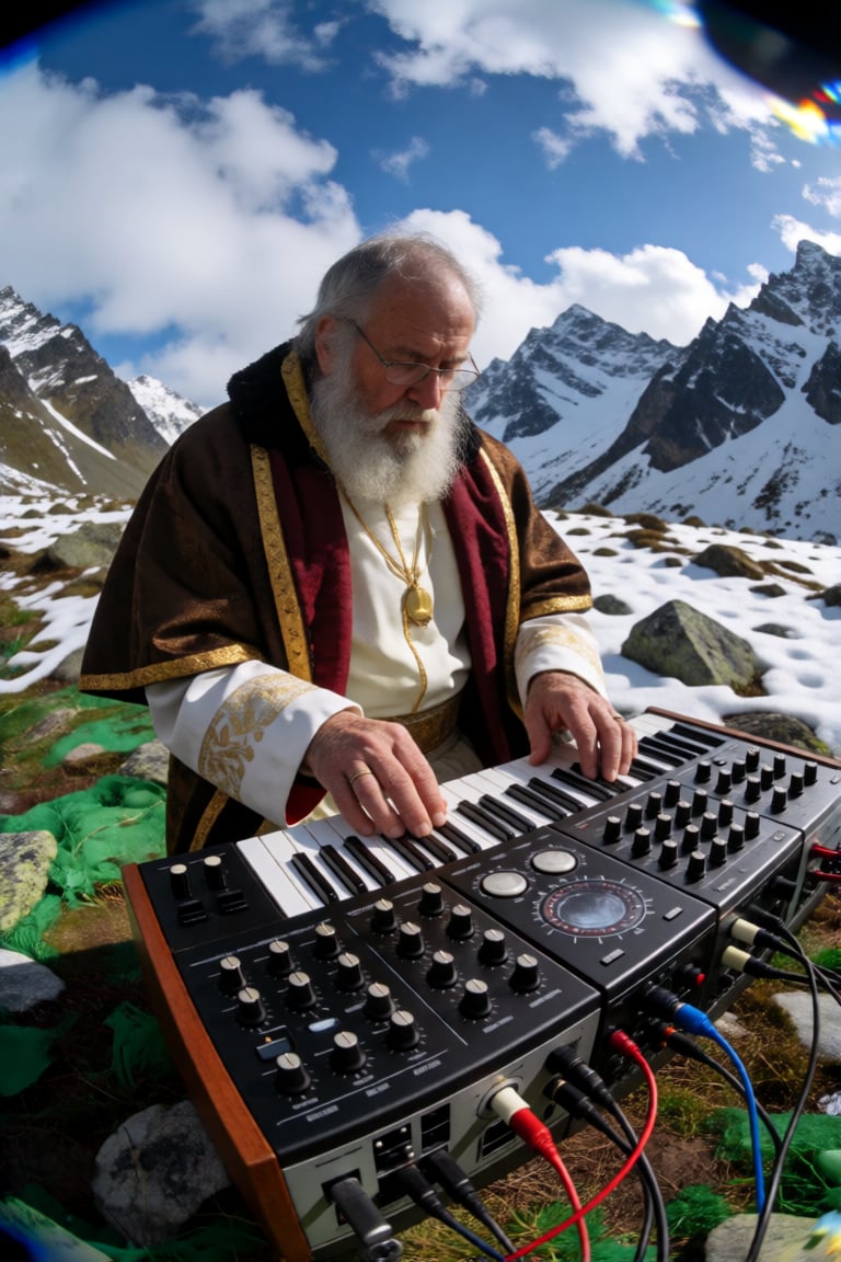 old pope in traditional robe operating a large modular synthesizer outdoors,  intricate setup of wires,  knobs by patrik �...