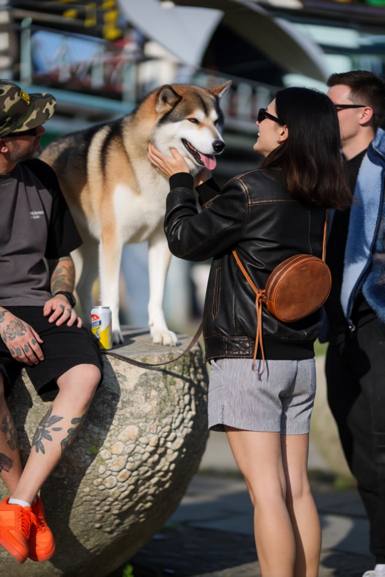 a large,  tan and white dog with a thick coat stands on a textured concrete boulder,  its head gently held by a woman in a...