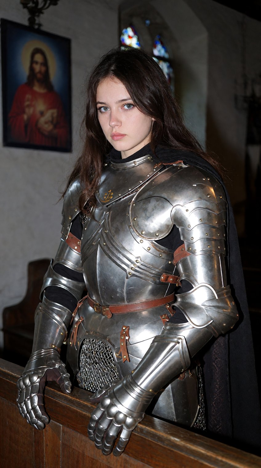 A raw and atmospheric photo of a woman with long dark hair wearing a full suit of gleaming silver plate armor and a long b...