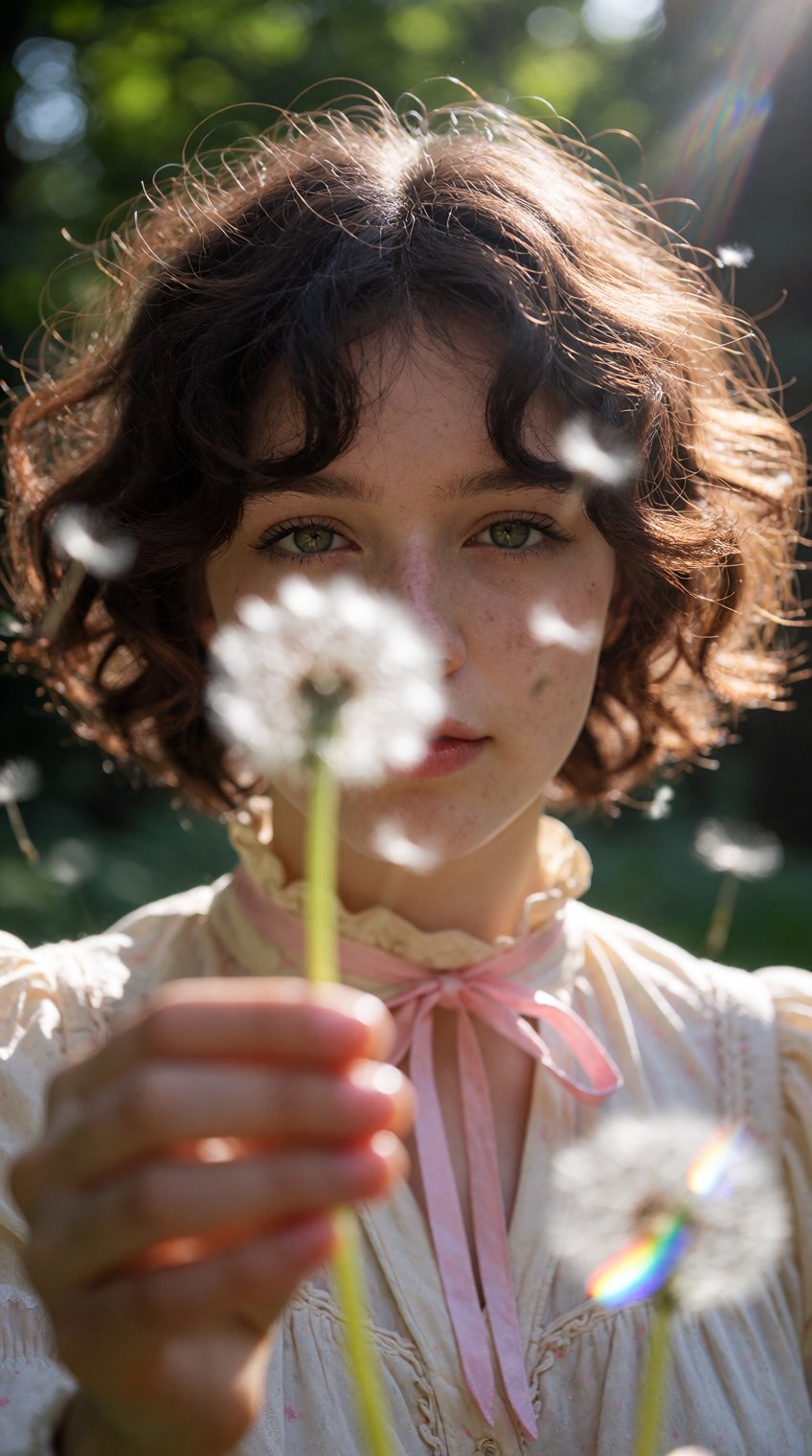 In an outdoor setting,  a hand in the blurry foreground holds a dandelion seed head toward a young woman with curly short...