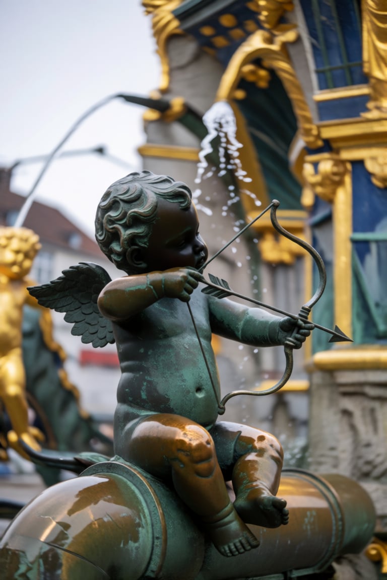a weathered bronze cherub statue,  patinated green with age,  sits perched atop a curved pipe in the foreground by patrik...