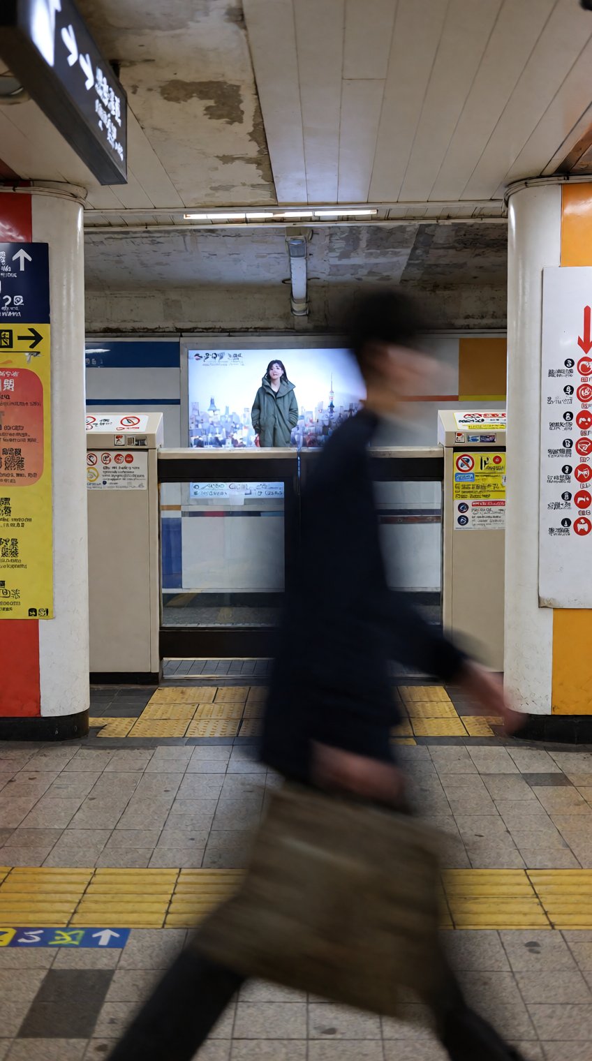a blurred figure in dark clothing walks across a subway platform,  their motion creating a soft streak against the static...
