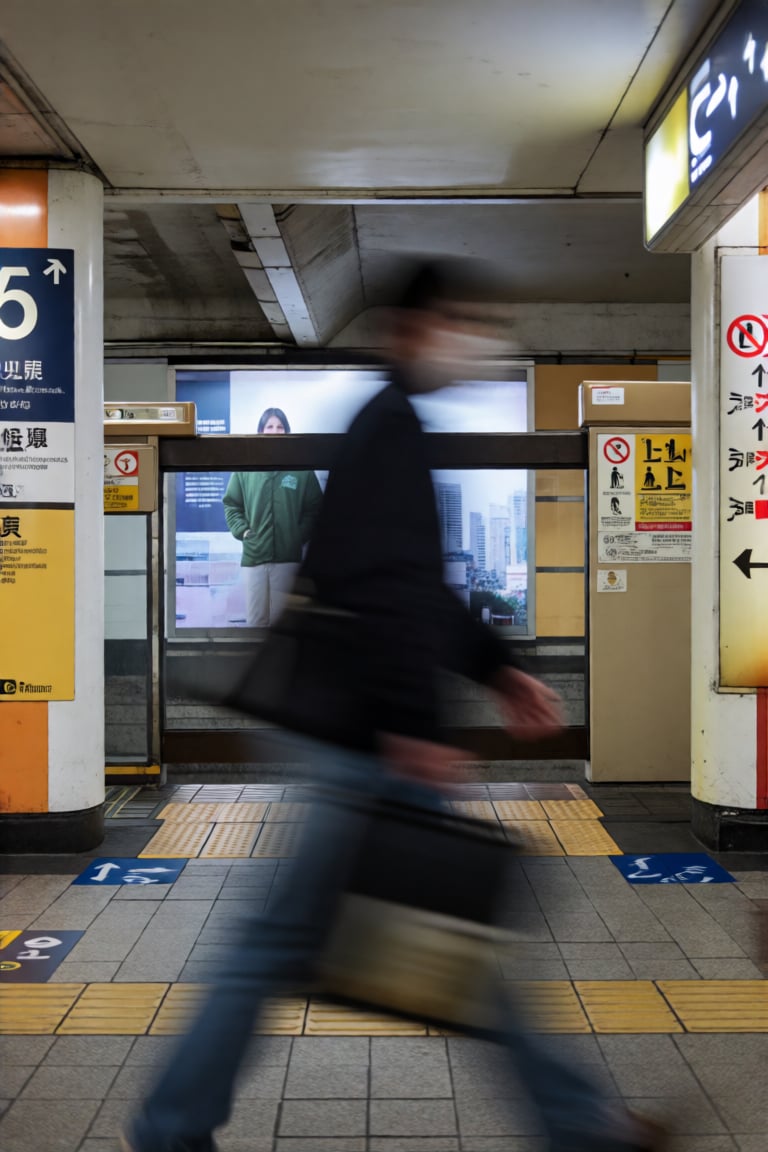 a blurred figure in dark clothing walks across a subway platform,  their motion creating a soft streak against the static...
