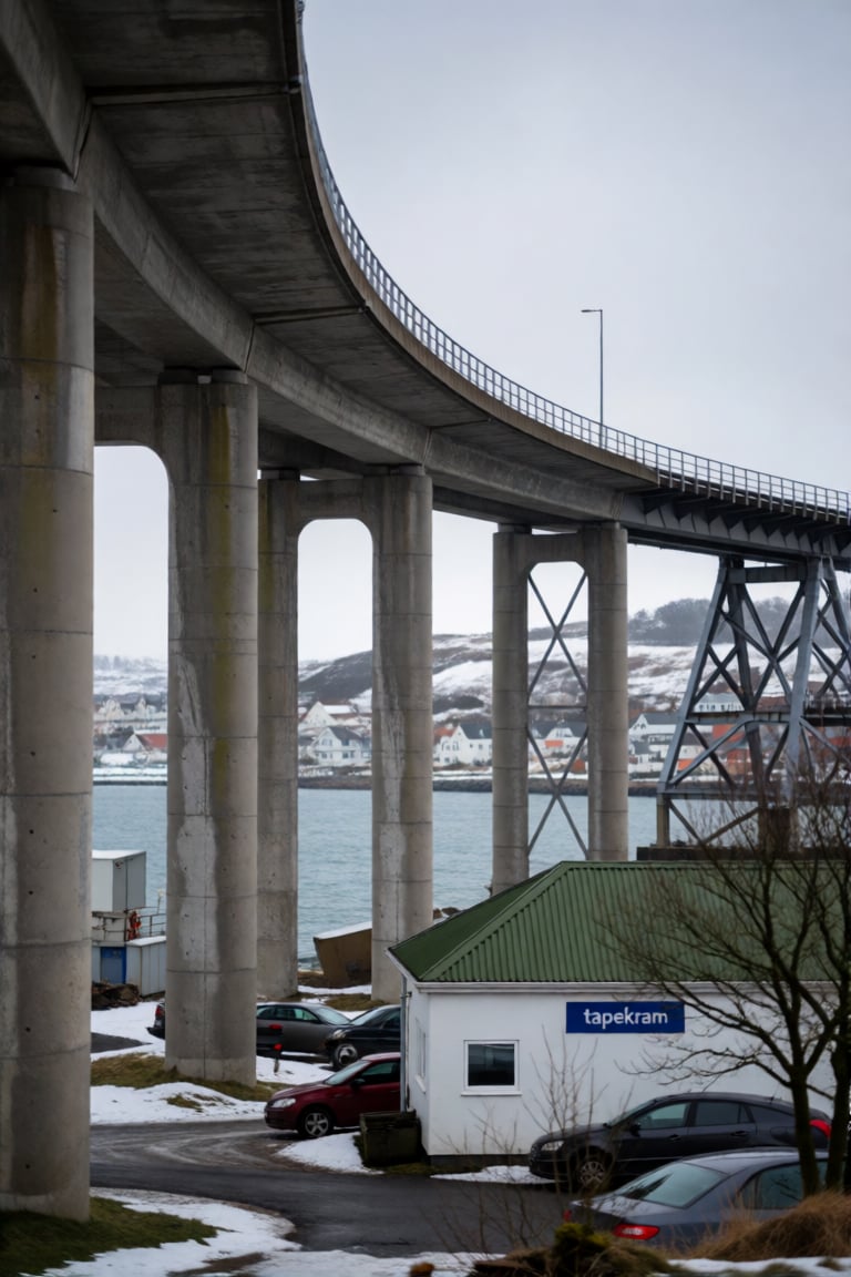 a sweeping concrete viaduct curves overhead,  supported by massive cylindrical pillars that frame a distant coastal town n...