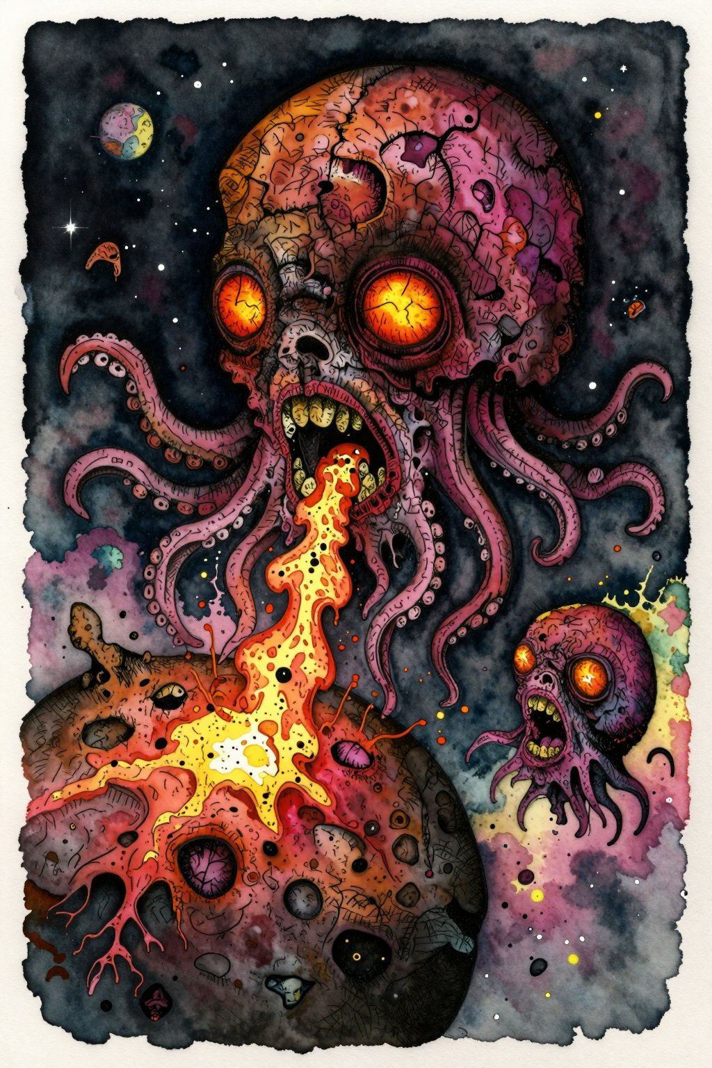 A watercolor. A twisted,  massive,  spherical head with a fissured by MacrossManiac on Tensor.Art