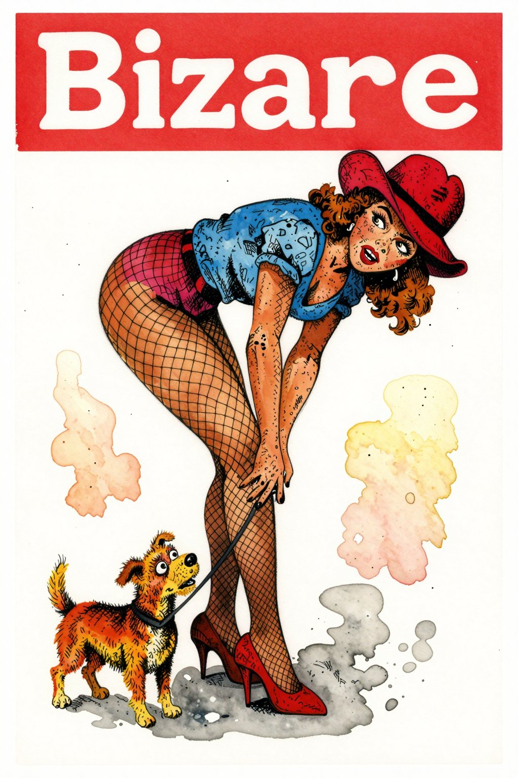A watercolor. This artwork features a whimsical and surreal illustration from the magazine 'Bizarre',  dated 1946. The cen...