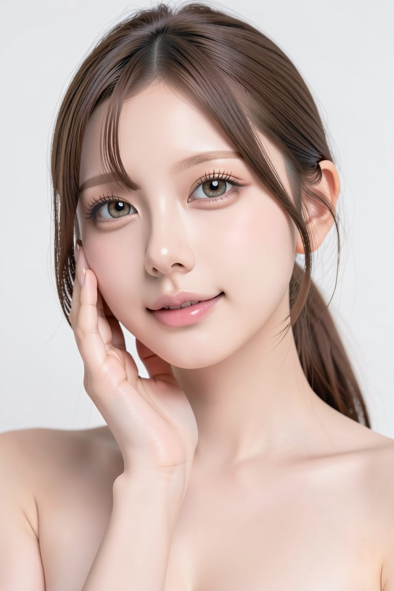 cleanhands_lora,  realistic portrait of a young adult woman,  one hand gently touching her cheek by FuturEvoLab on Tensor.Art