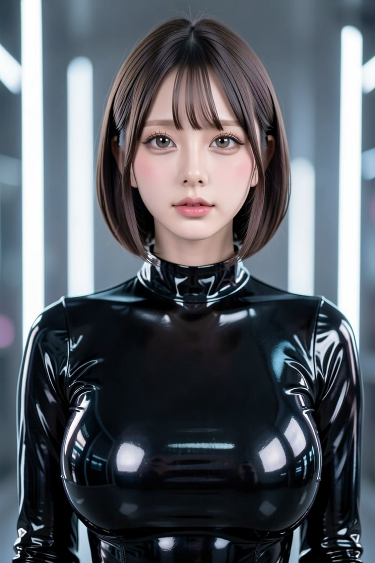 Image is a high-resolution portrait photograph featuring a young woman with a short bob haircut and fair skin. She is wear...