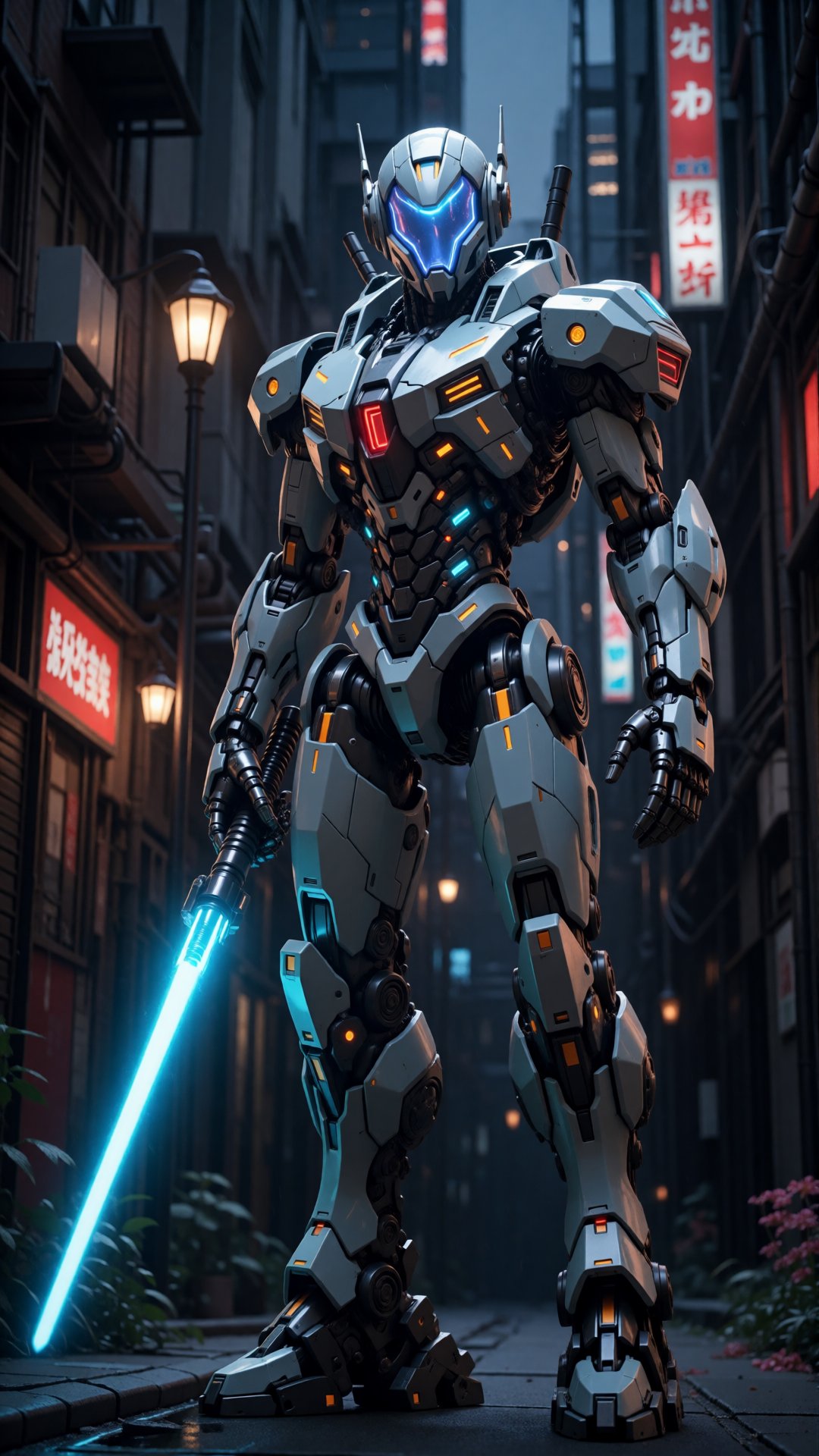 a photo-realistic shoot from a front camera angle about a futuristic robot standing confidently in a dimly lit alleyway,...