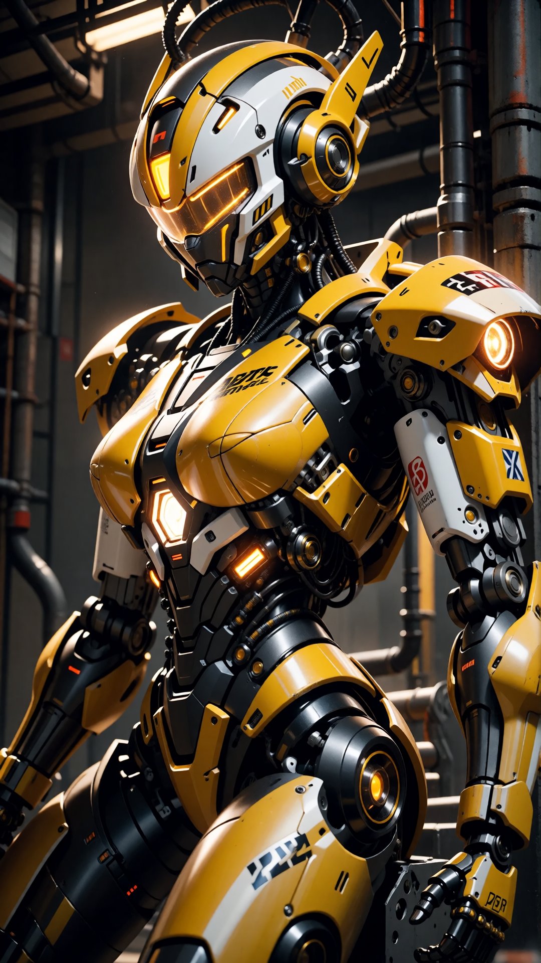 a photo-realistic shoot from a side camera angle about a futuristic,  yellow and black humanoid robot in a dimly lit indus...