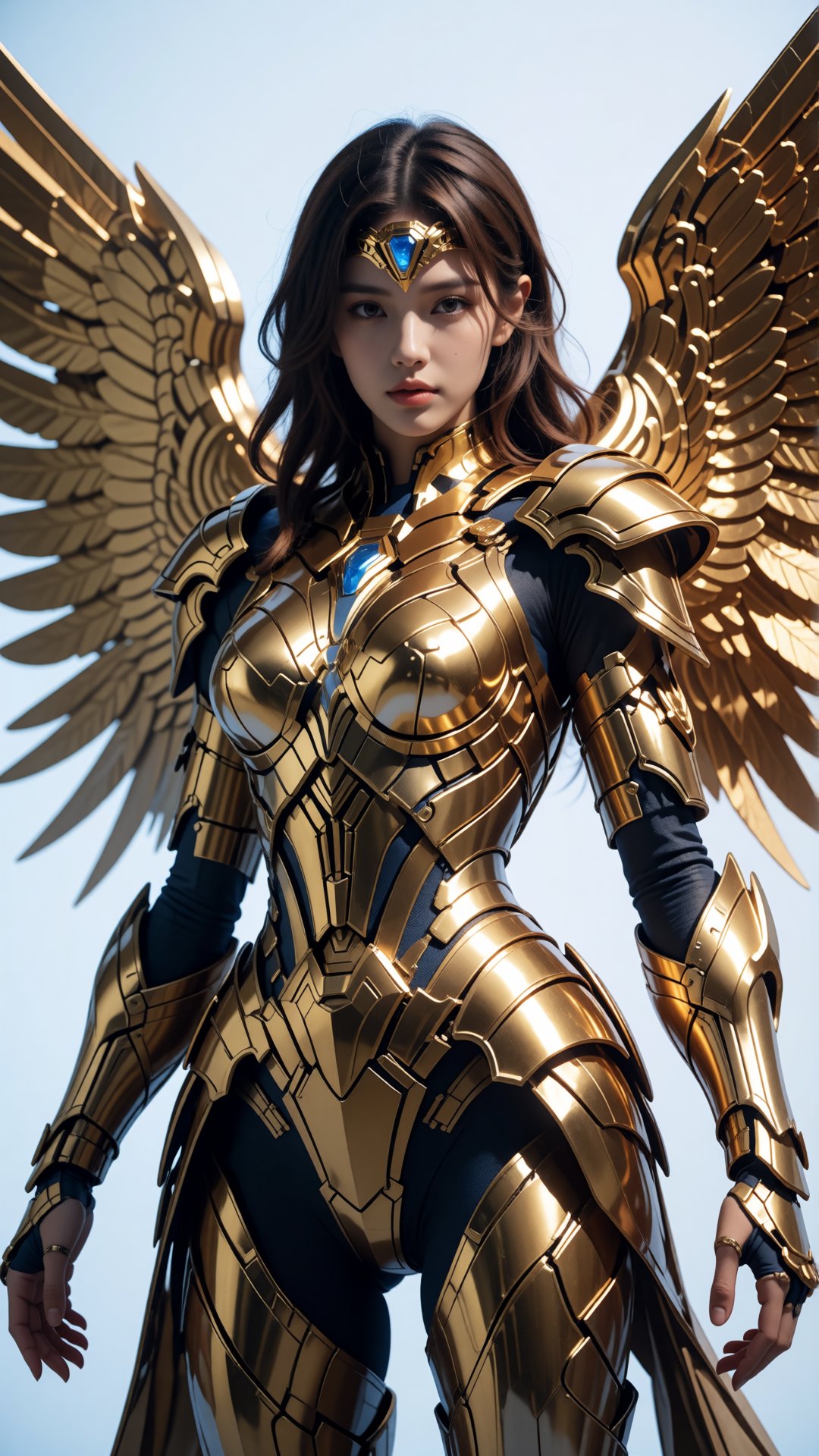 a photo-realistic depiction of a female character in a futuristic,  golden armor with large,  feathered wings by Dragon Go...
