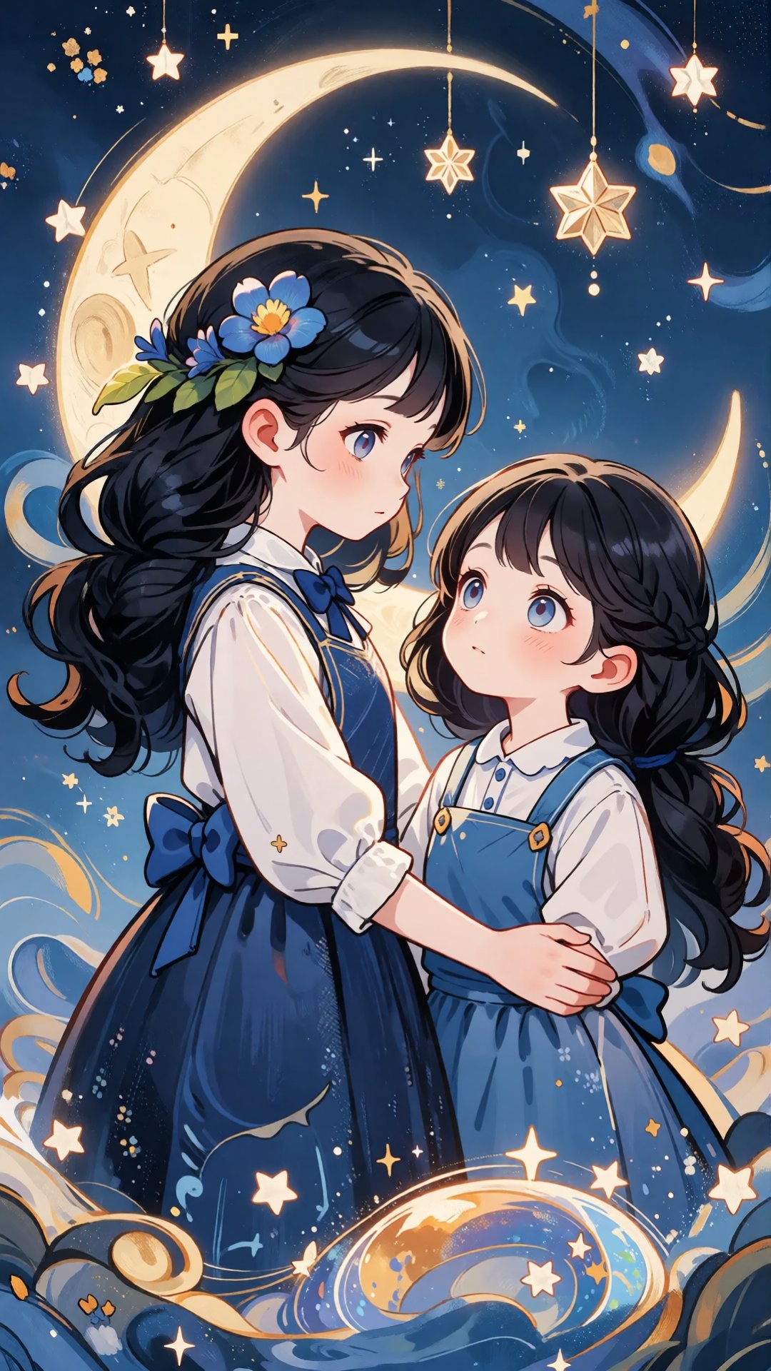 a digital illustration shoot from a profile camera angle about an illustration of two young girls standing close to each o...
