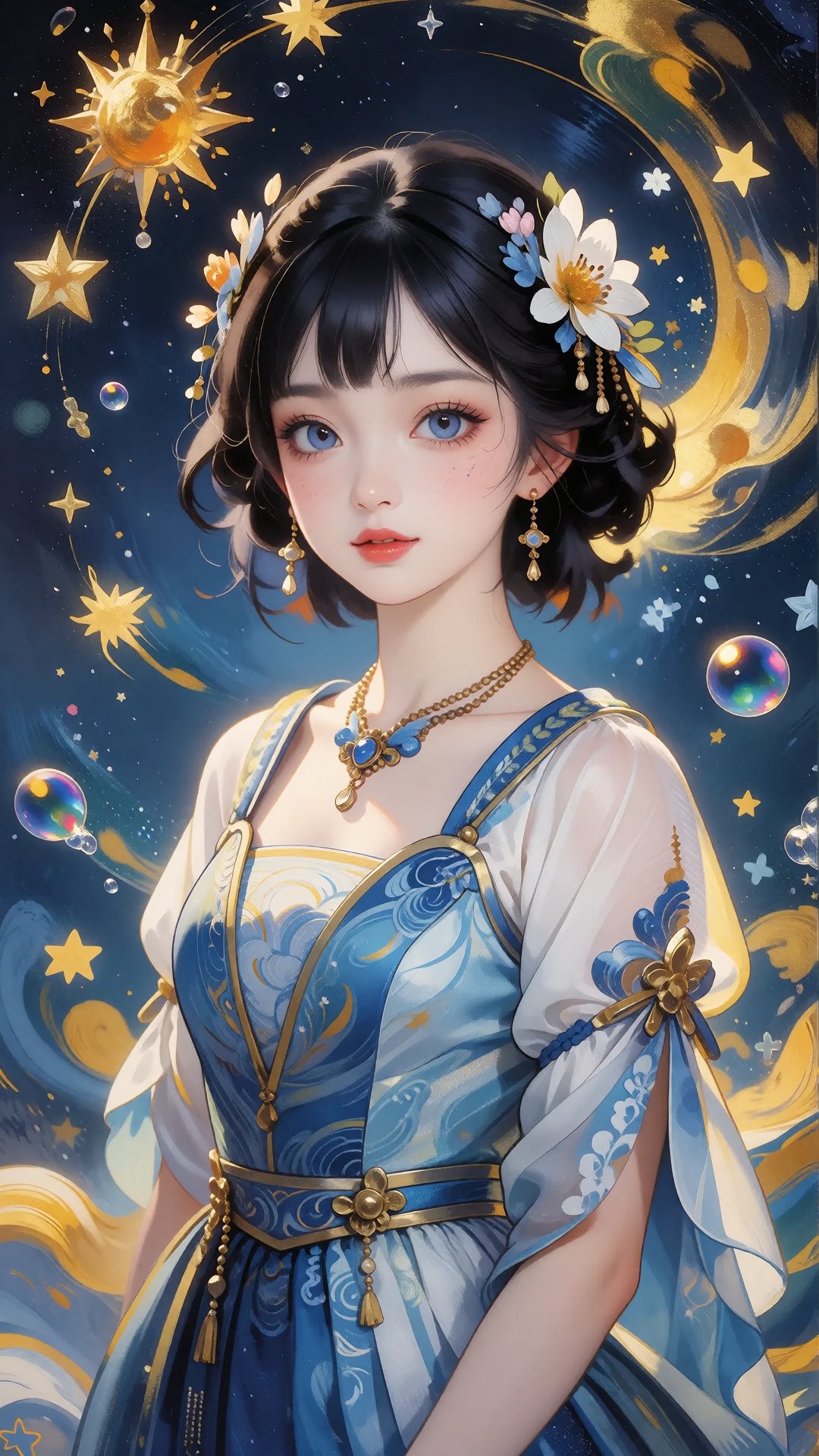 a digital illustration shoot from a portrait camera angle about a portrait of a young woman with blue eyes and a flower in...