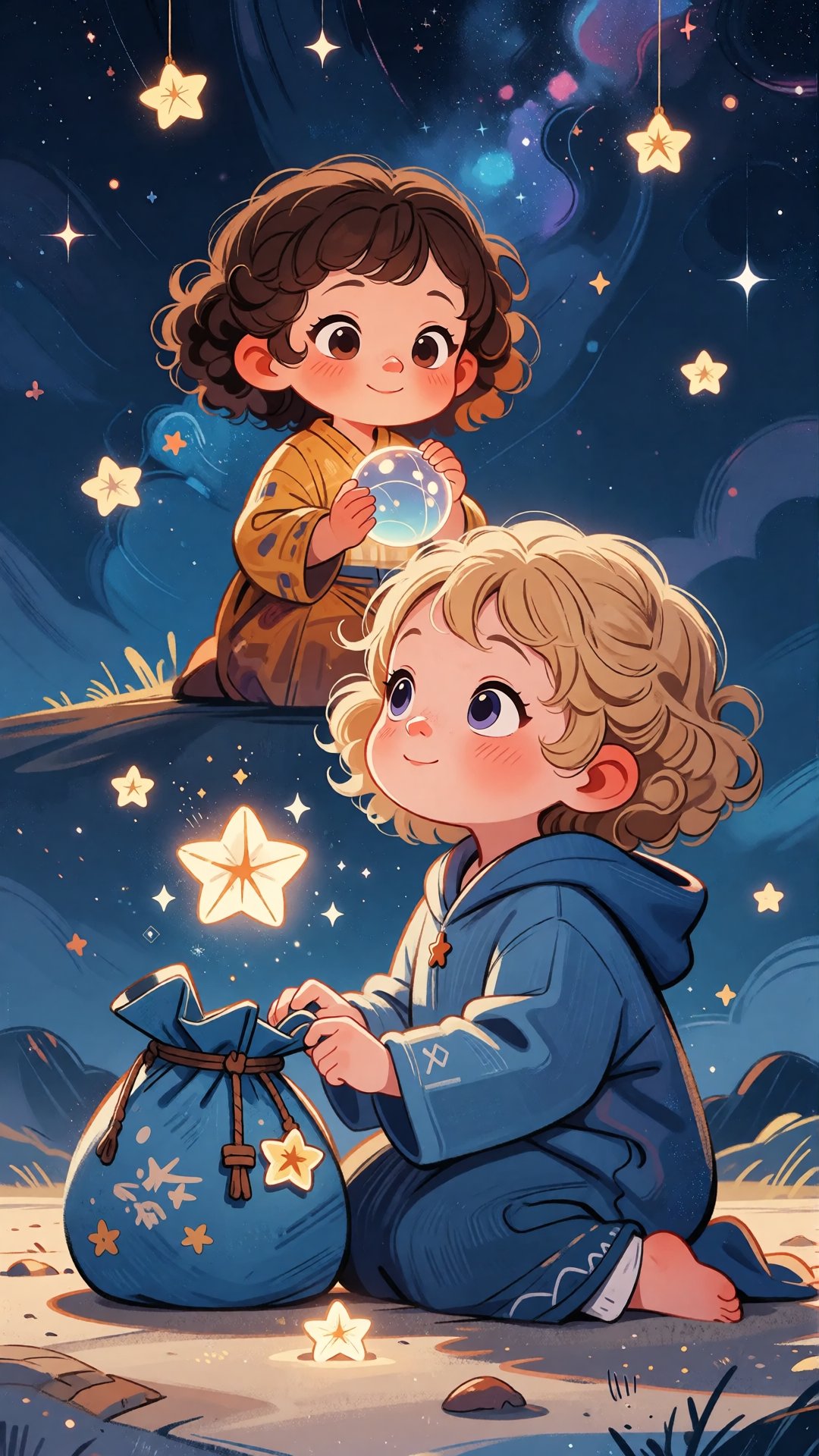a whimsical digital illustration shoot from the side about a cute little girl with curly blonde hair,  wearing a blue hood...