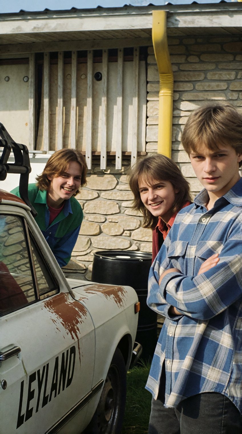 three young people stand near a weathered white car with leyland lettering on its side,  parked beside a light-colored woo...