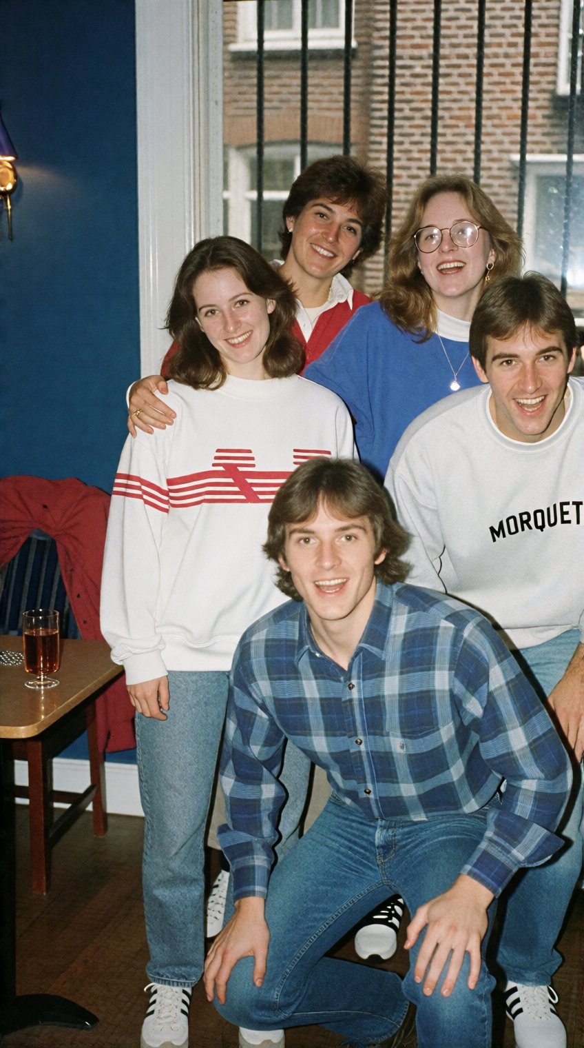 retrooo_snapshot,  five people gather closely indoors,  smiling at the camera in a warmly lit room with blue walls and a b...