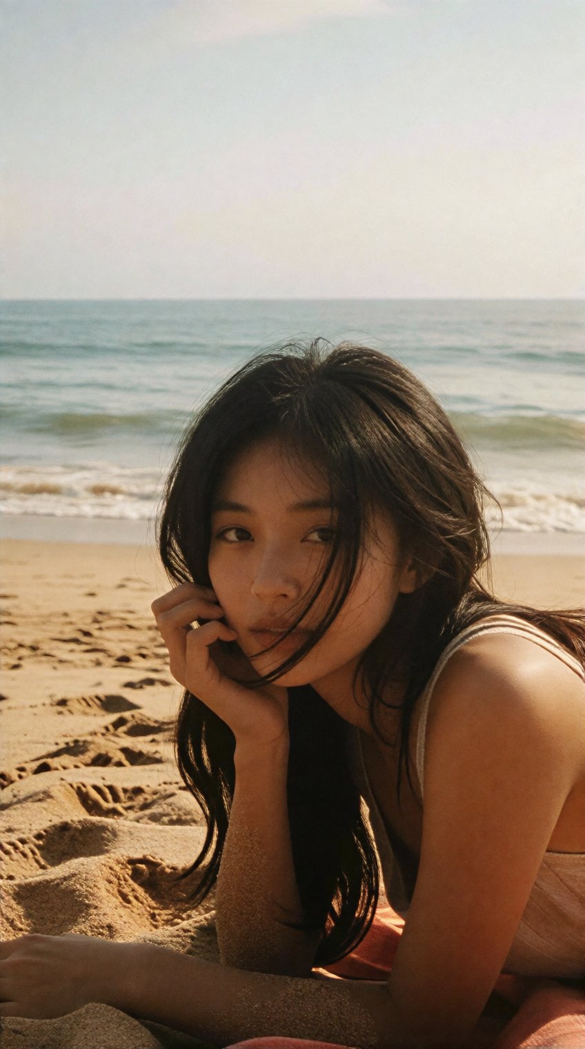 a young woman lies on a sunlit beach,  her head propped up by one hand as she gazes toward the camera with a relaxed expre...