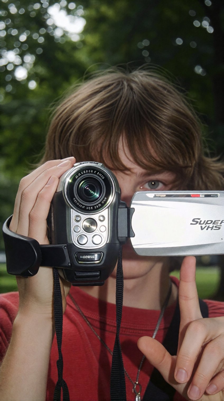 a person with shoulder-length,  wavy brown hair holds a silver and black camcorder up to their face,  partially obscuring...