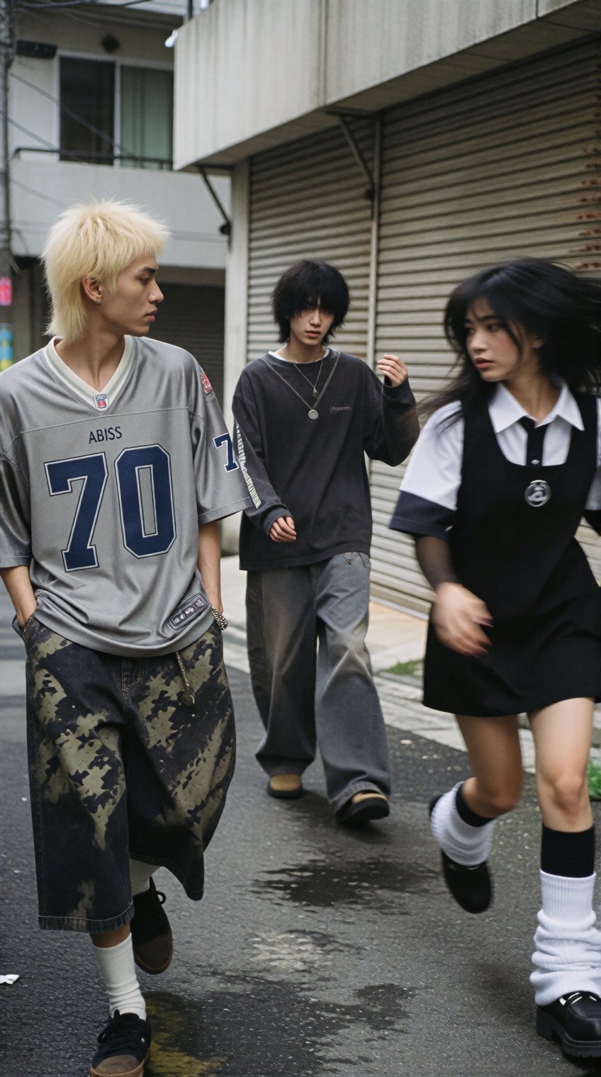 three individuals walk along a narrow urban alleyway under diffused daylight,  casting soft shadows,  the person on the le...