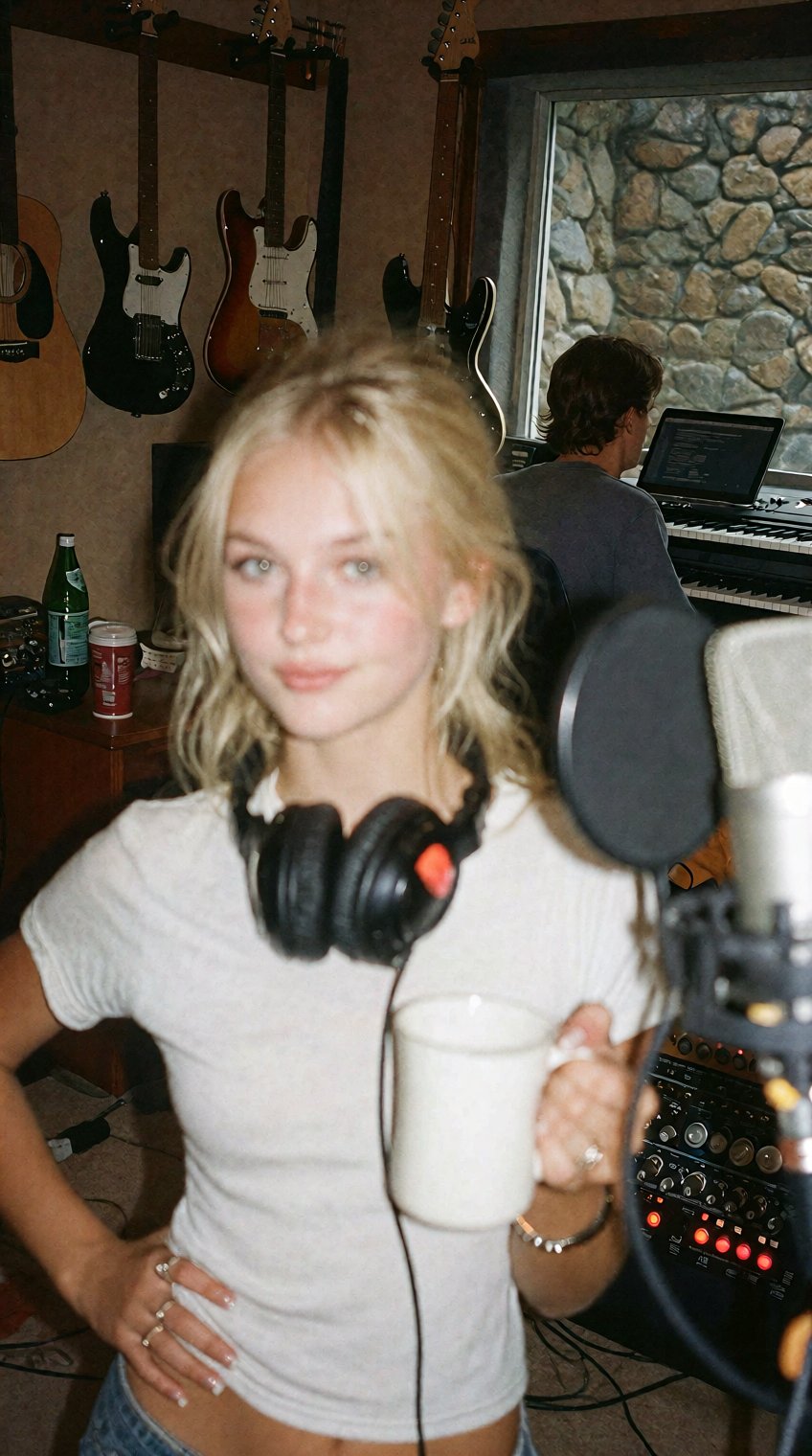 a woman with short blonde hair,  wearing a white t-shirt and large over-ear headphones around her neck,  stands slightly o...