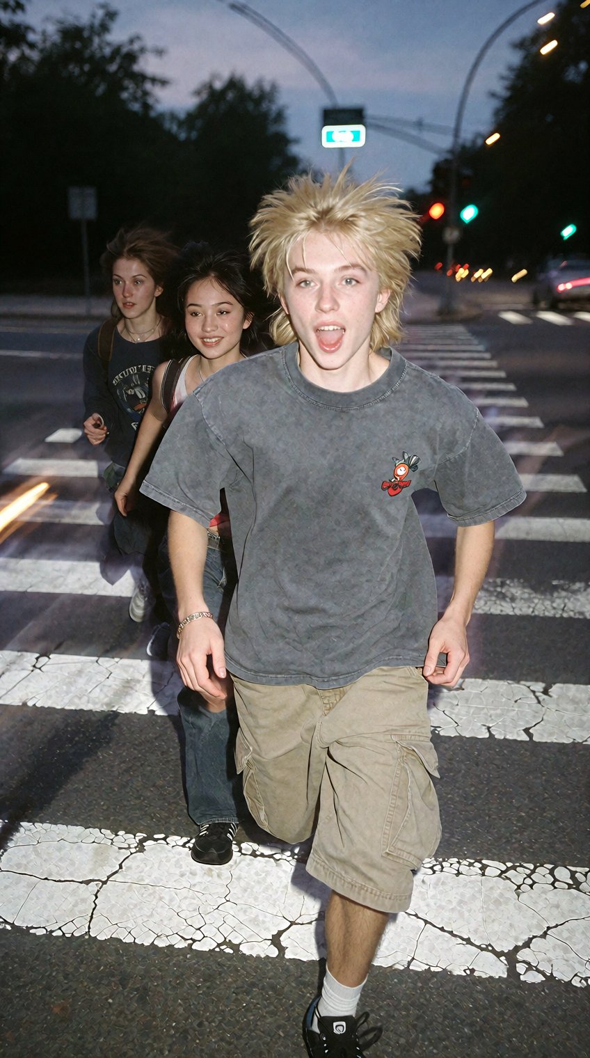 three individuals are captured mid-stride crossing a pedestrian crosswalk at twilight,  their motion creating a dynamic bl...
