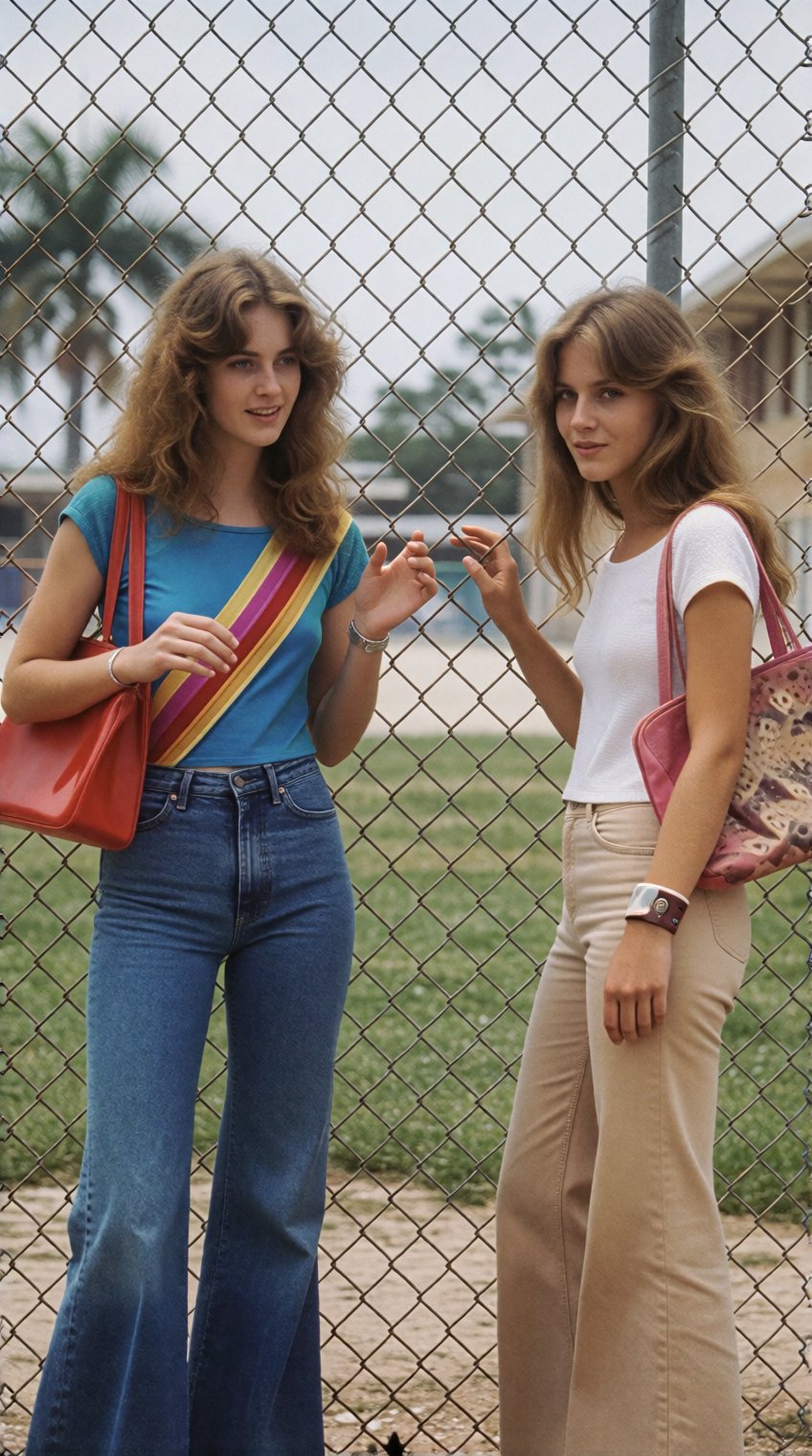two young women stand side by side behind a chain-link fence in an outdoor setting,  likely a schoolyard or recreational a...
