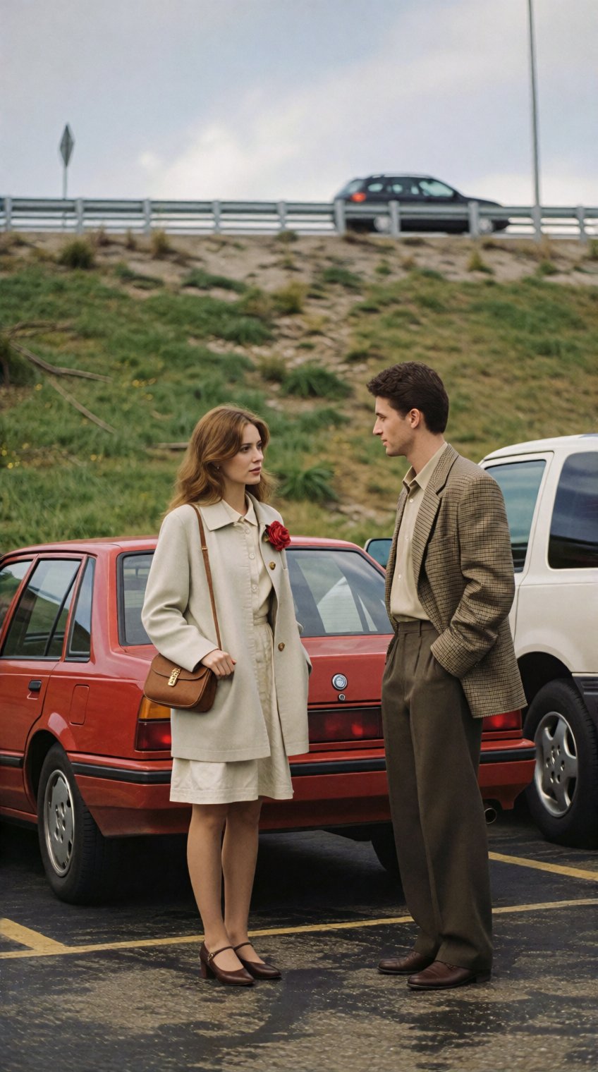 a man and woman stand in conversation beside a red sedan parked on a paved lot,  with a grassy embankment rising behind th...