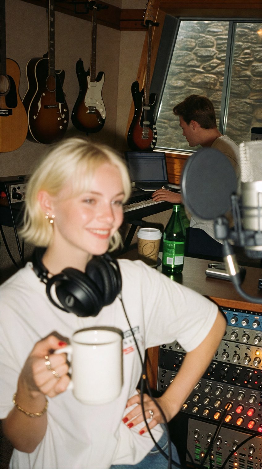 a woman with short blonde hair,  wearing a white t-shirt and large over-ear headphones around her neck,  stands slightly o...