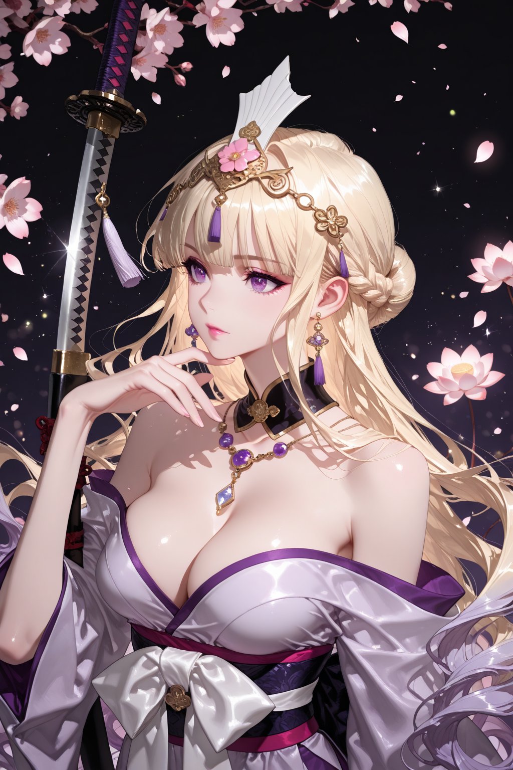 A woman with blonde hair with light purple tips,  sparkling purple eyes,  and soft pink lips. She wore a luxurious and bea...