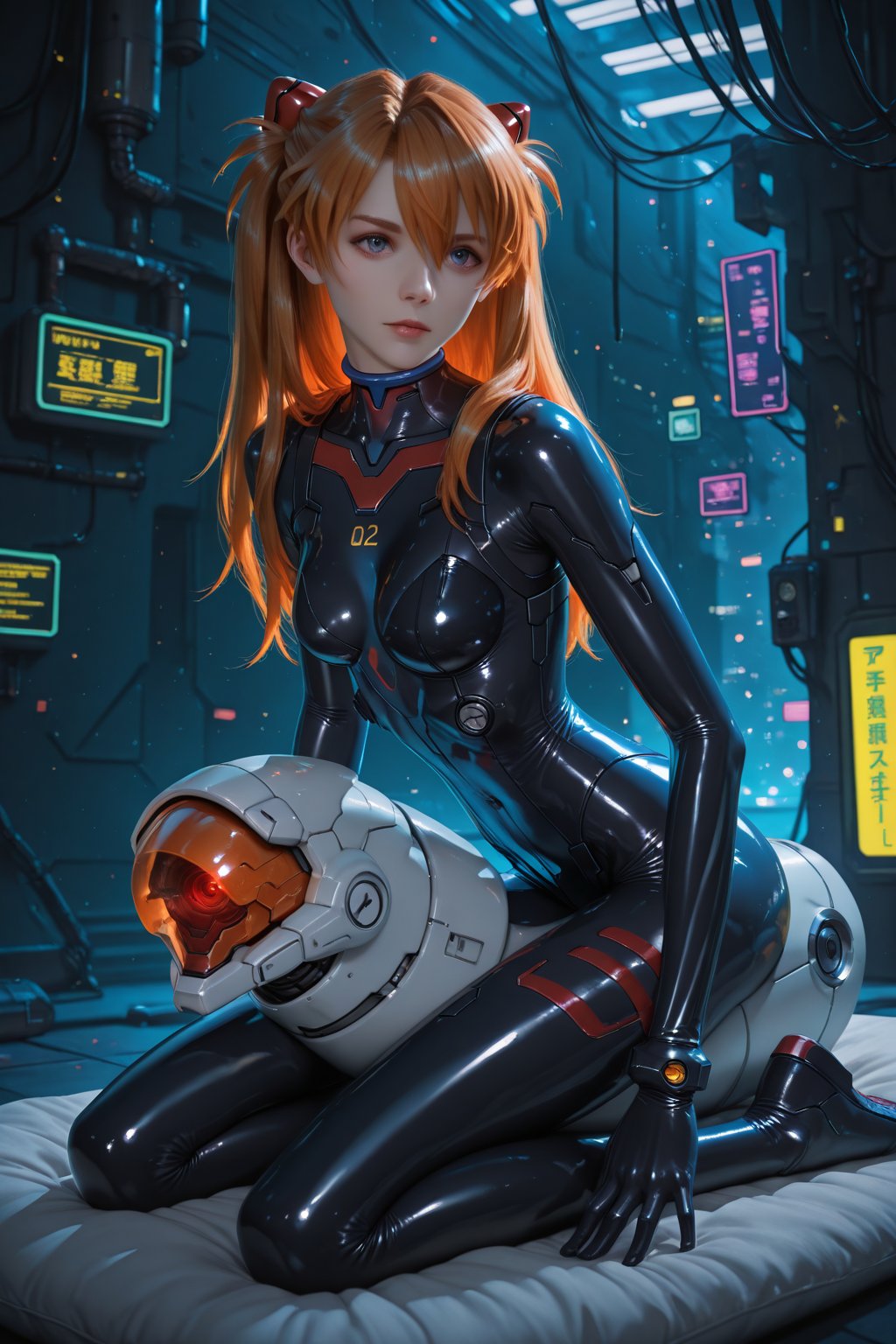 Asuka Langley a spaceship pilot in a latex suit with robotic limbs,  laying down in a pod,  in a cyberpunk setting by YUEY...